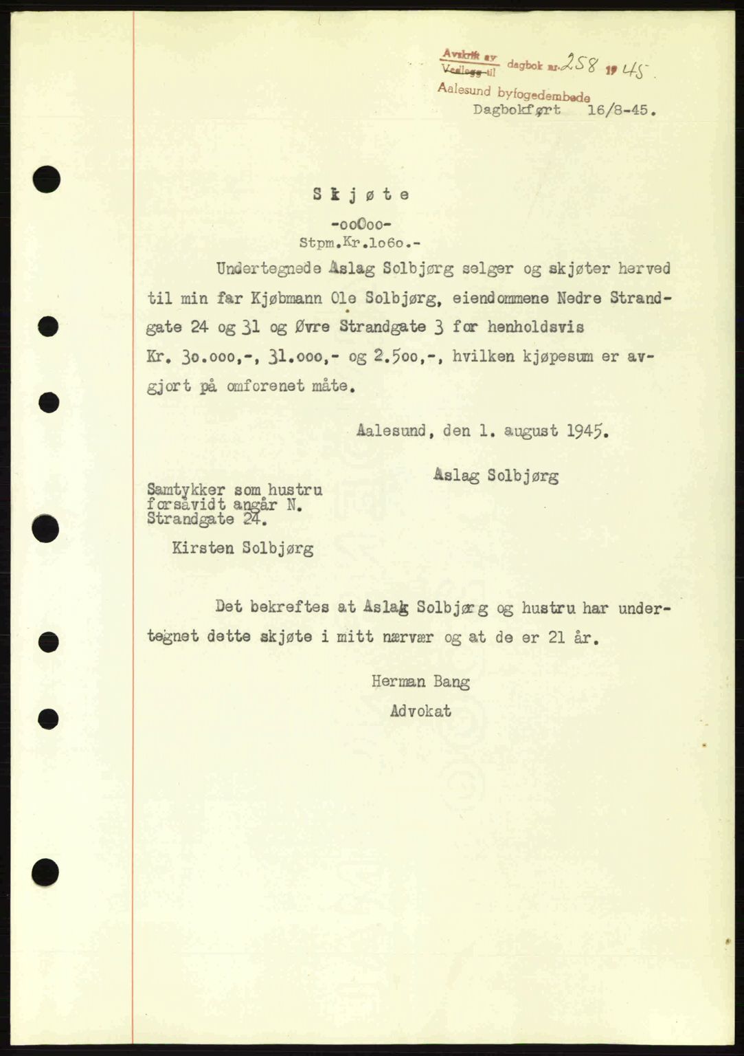 Ålesund byfogd, AV/SAT-A-4384: Pantebok nr. 36a, 1944-1945, Dagboknr: 258/1945