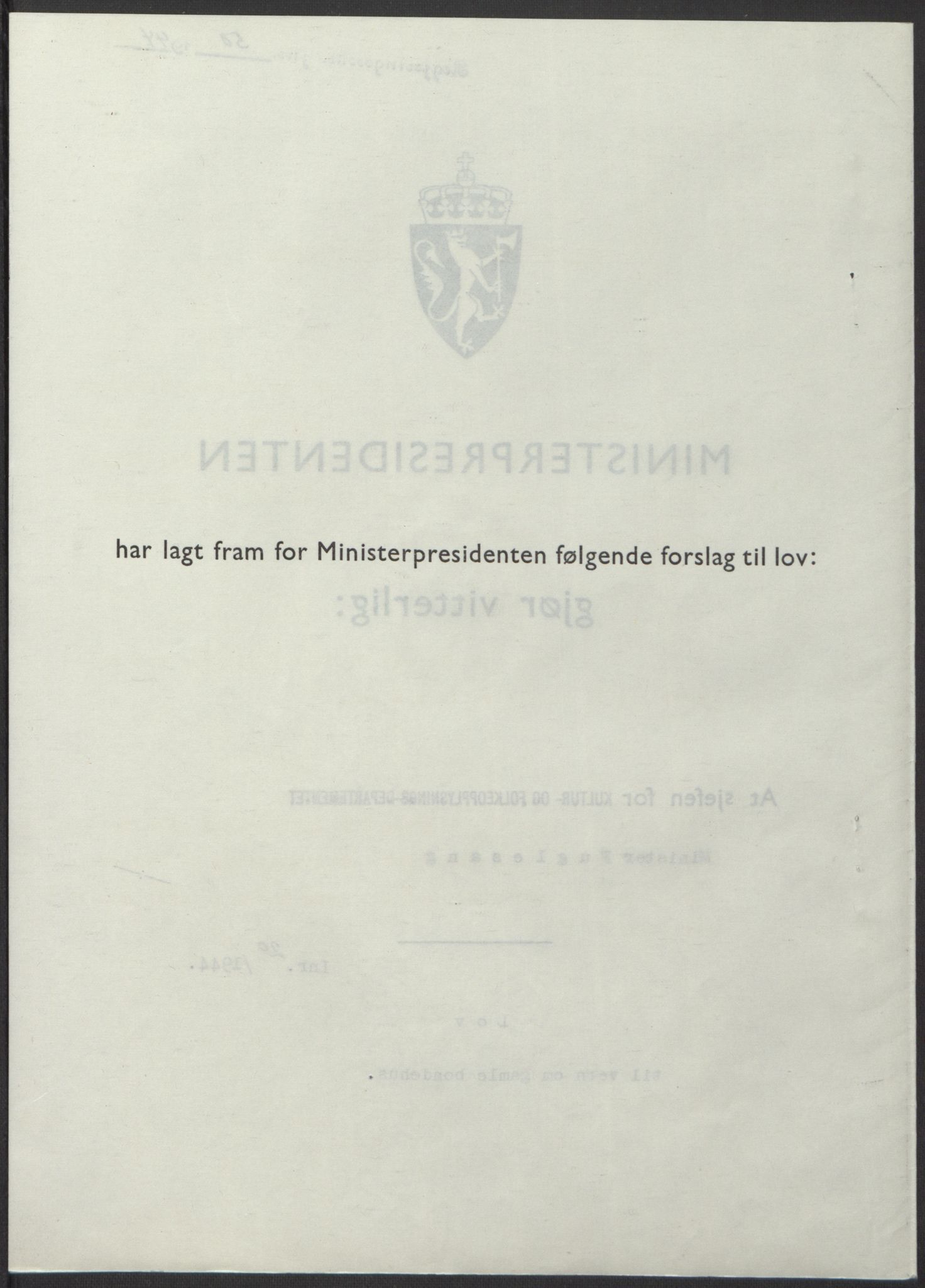 NS-administrasjonen 1940-1945 (Statsrådsekretariatet, de kommisariske statsråder mm), AV/RA-S-4279/D/Db/L0100: Lover, 1944, s. 91