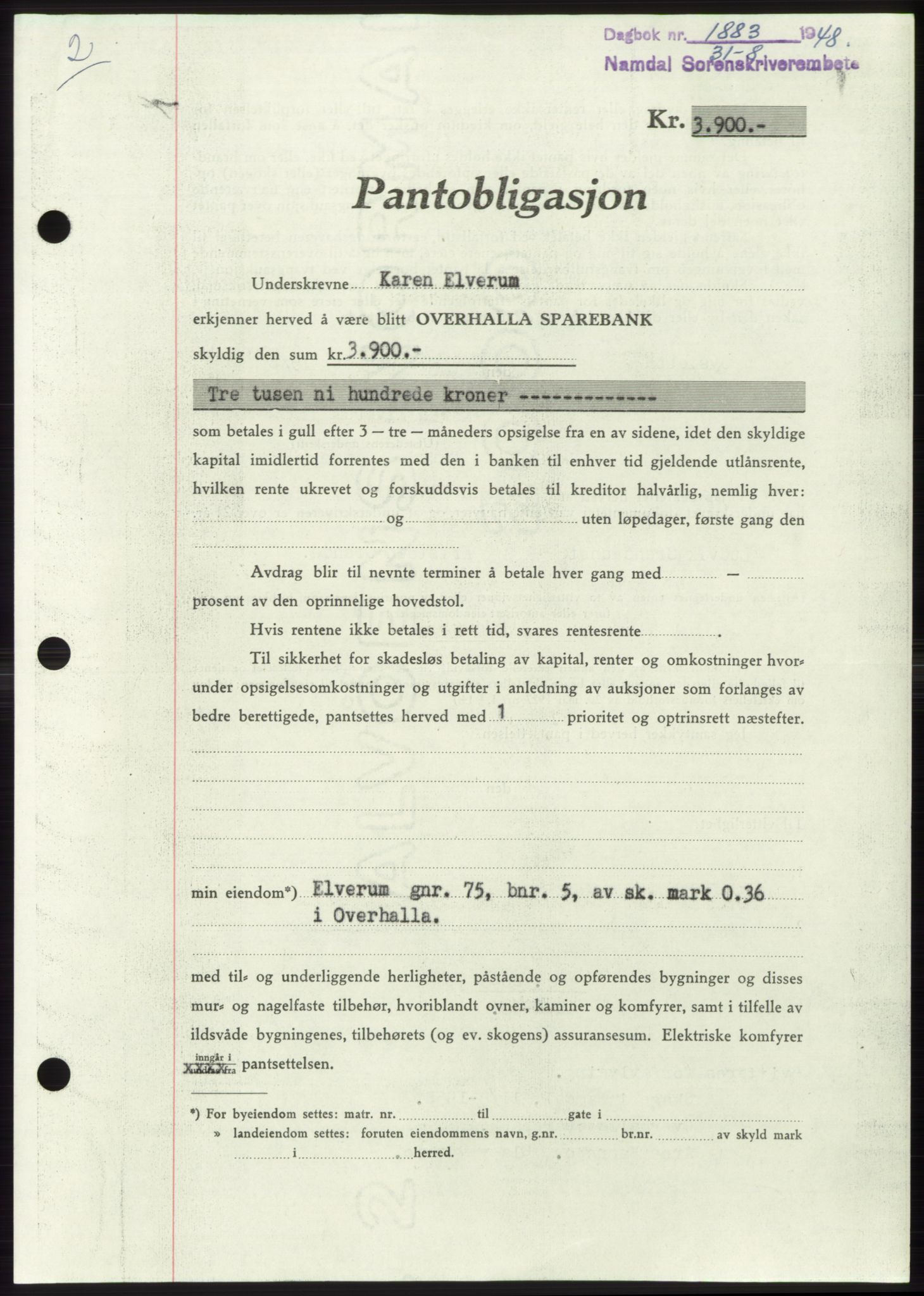 Namdal sorenskriveri, SAT/A-4133/1/2/2C: Pantebok nr. -, 1948-1948, Dagboknr: 1883/1948