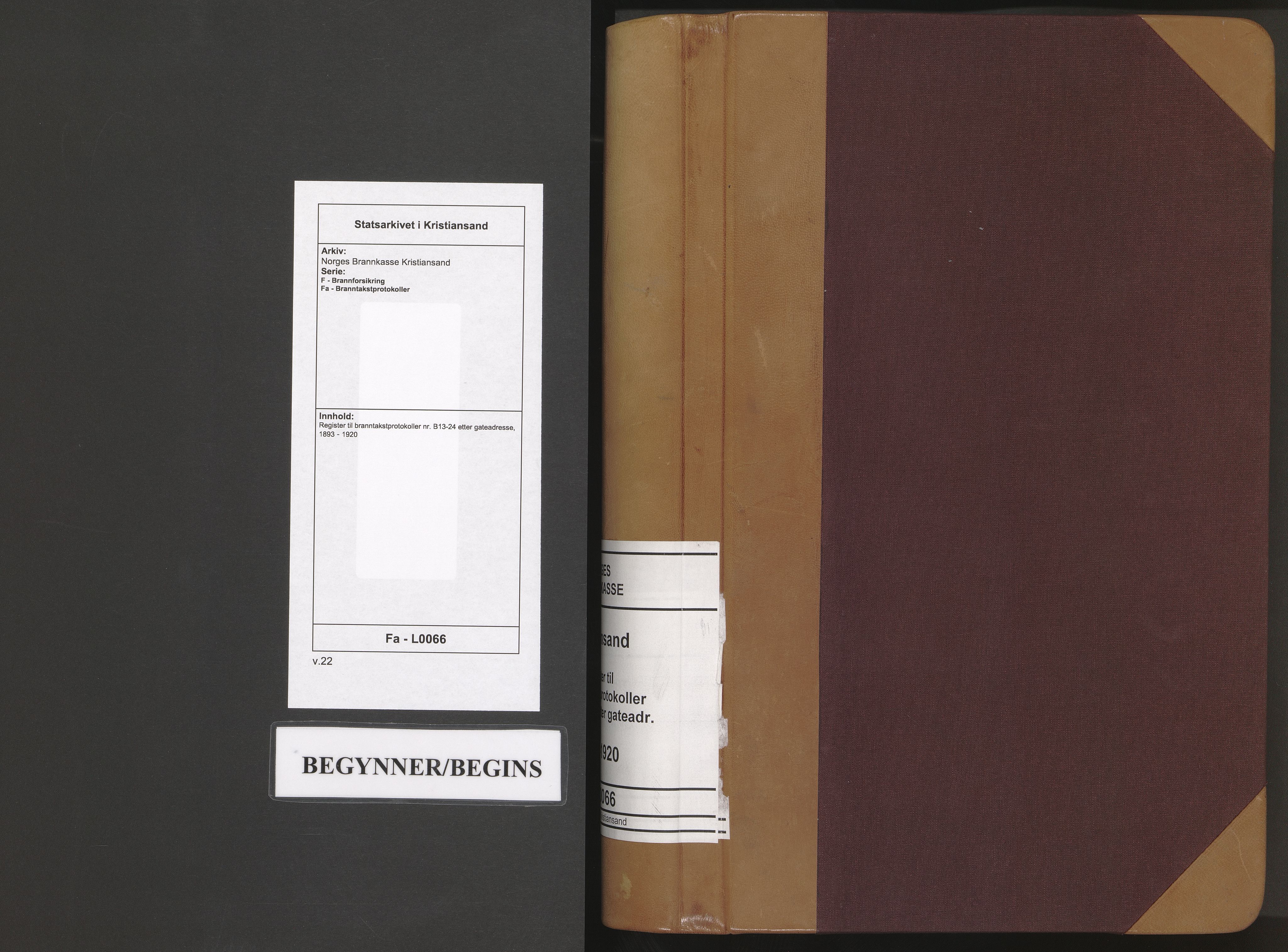 Norges Brannkasse Kristiansand, SAK/2241-0030/F/Fa/L0066: Register til branntakstprotokoller nr. B13-24 etter gateadresse, 1893-1920