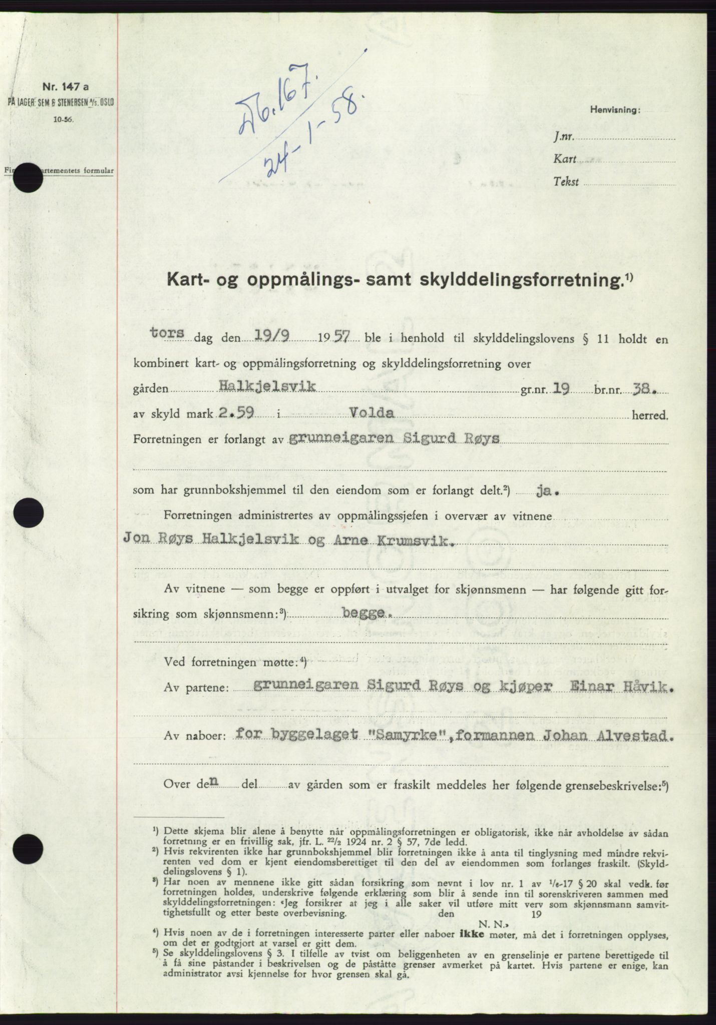 Søre Sunnmøre sorenskriveri, SAT/A-4122/1/2/2C/L0109: Pantebok nr. 35A, 1958-1958, Dagboknr: 167/1958