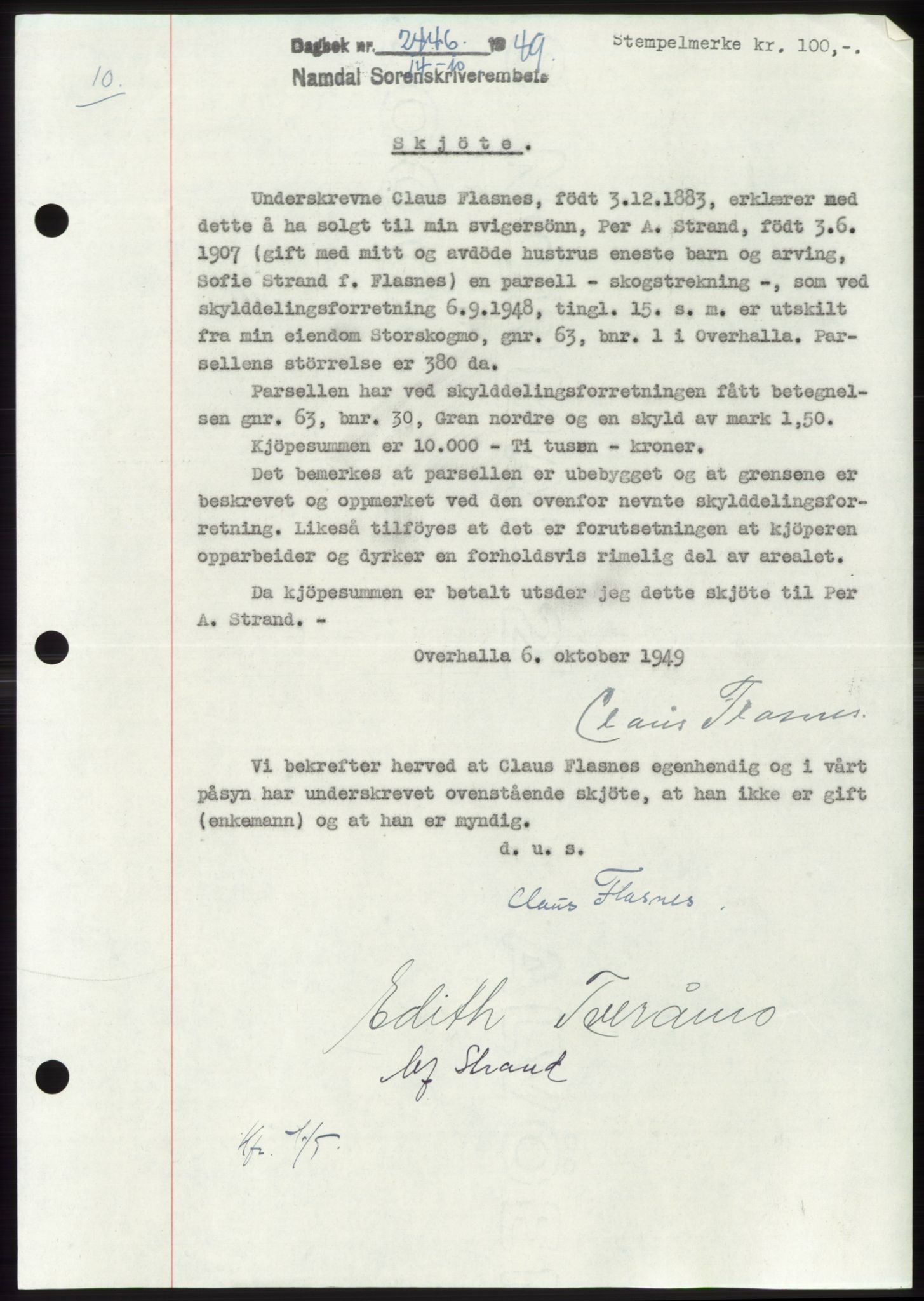 Namdal sorenskriveri, SAT/A-4133/1/2/2C: Pantebok nr. -, 1949-1949, Dagboknr: 2446/1949