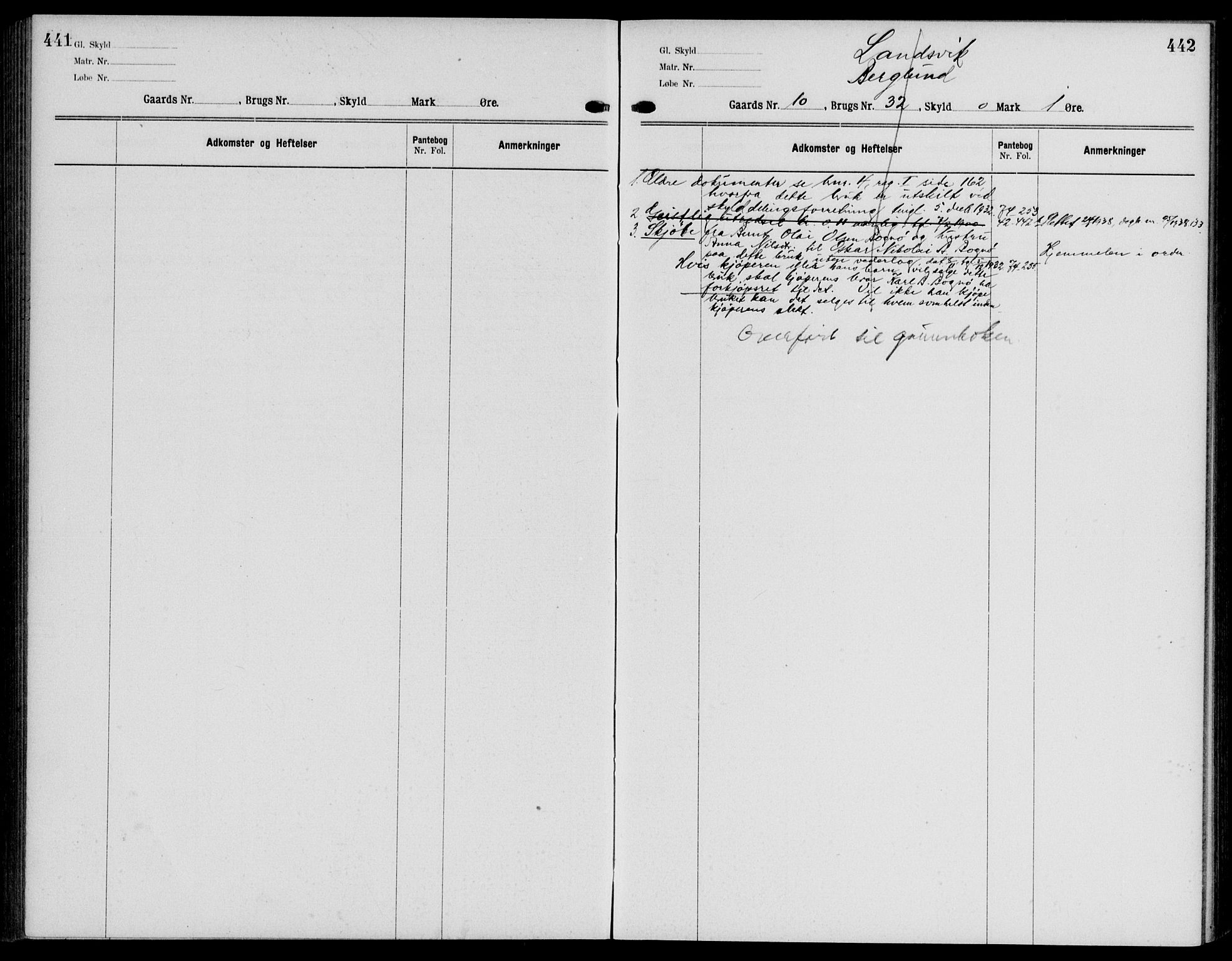 Nordhordland sorenskrivar, AV/SAB-A-2901/1/G/Ga/Gaaa/L0046: Panteregister nr. II.A.a.46, 1893-1952, s. 441-442