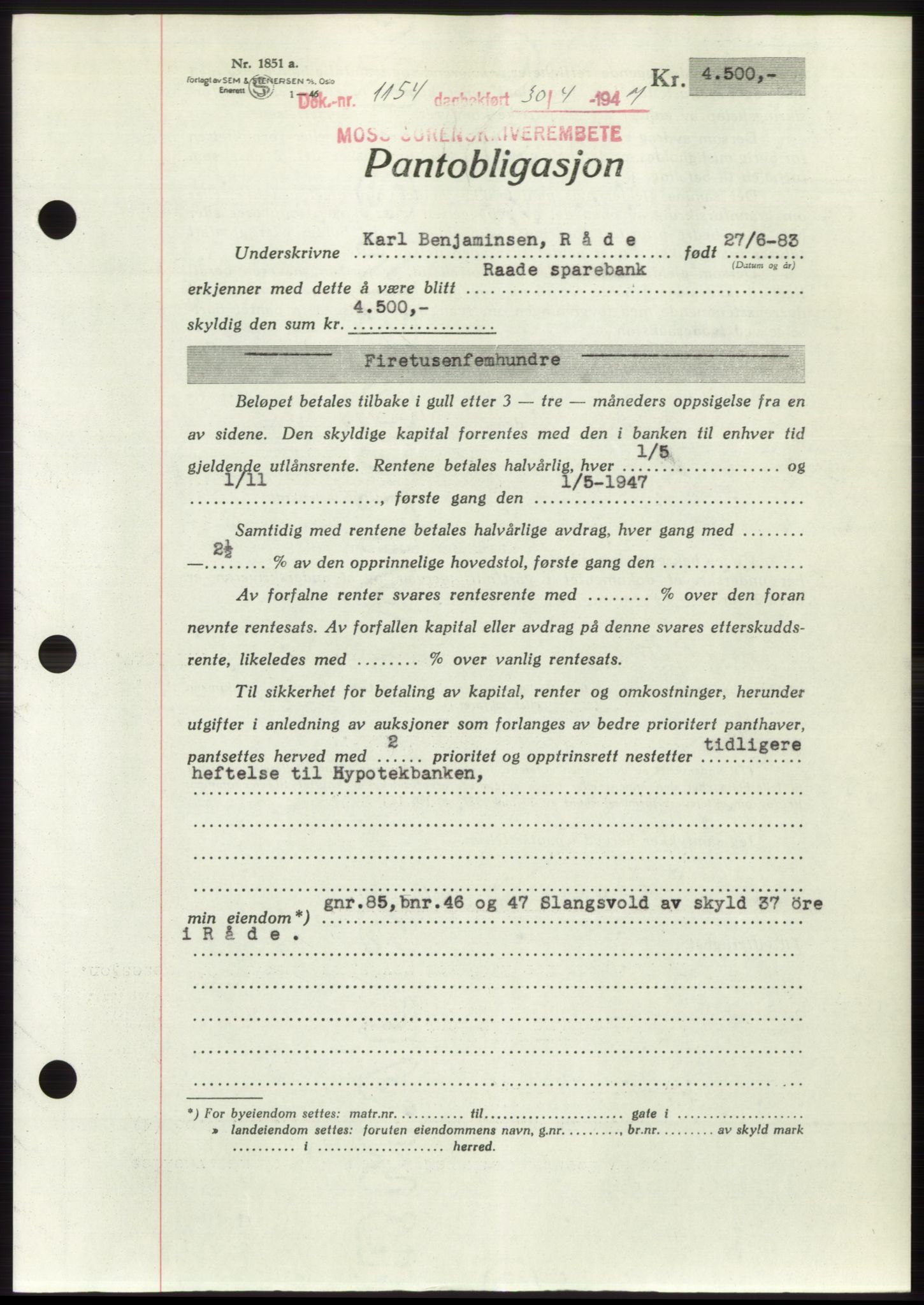 Moss sorenskriveri, SAO/A-10168: Pantebok nr. B17, 1947-1947, Dagboknr: 1154/1947