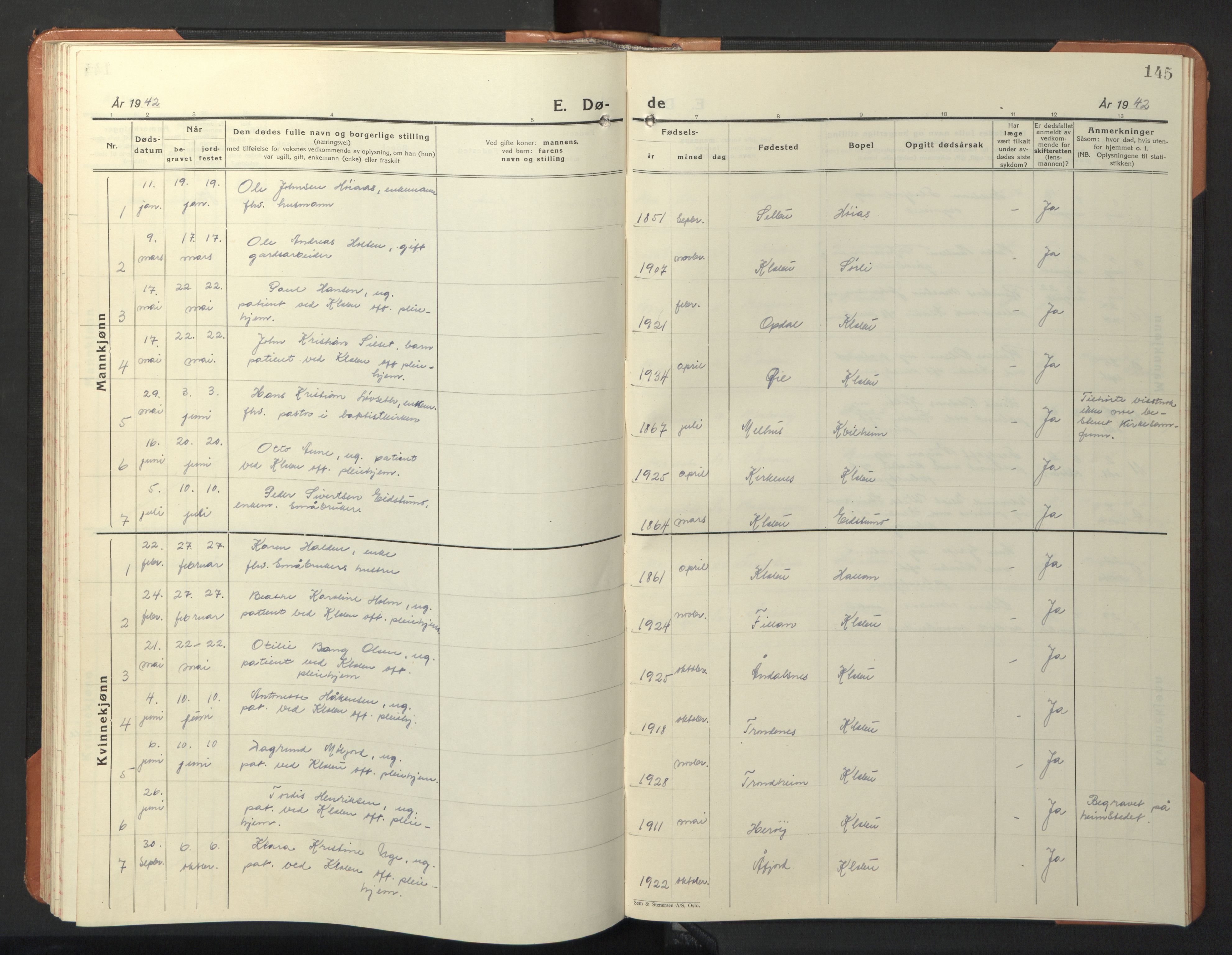 Ministerialprotokoller, klokkerbøker og fødselsregistre - Sør-Trøndelag, SAT/A-1456/618/L0454: Klokkerbok nr. 618C05, 1926-1946, s. 145