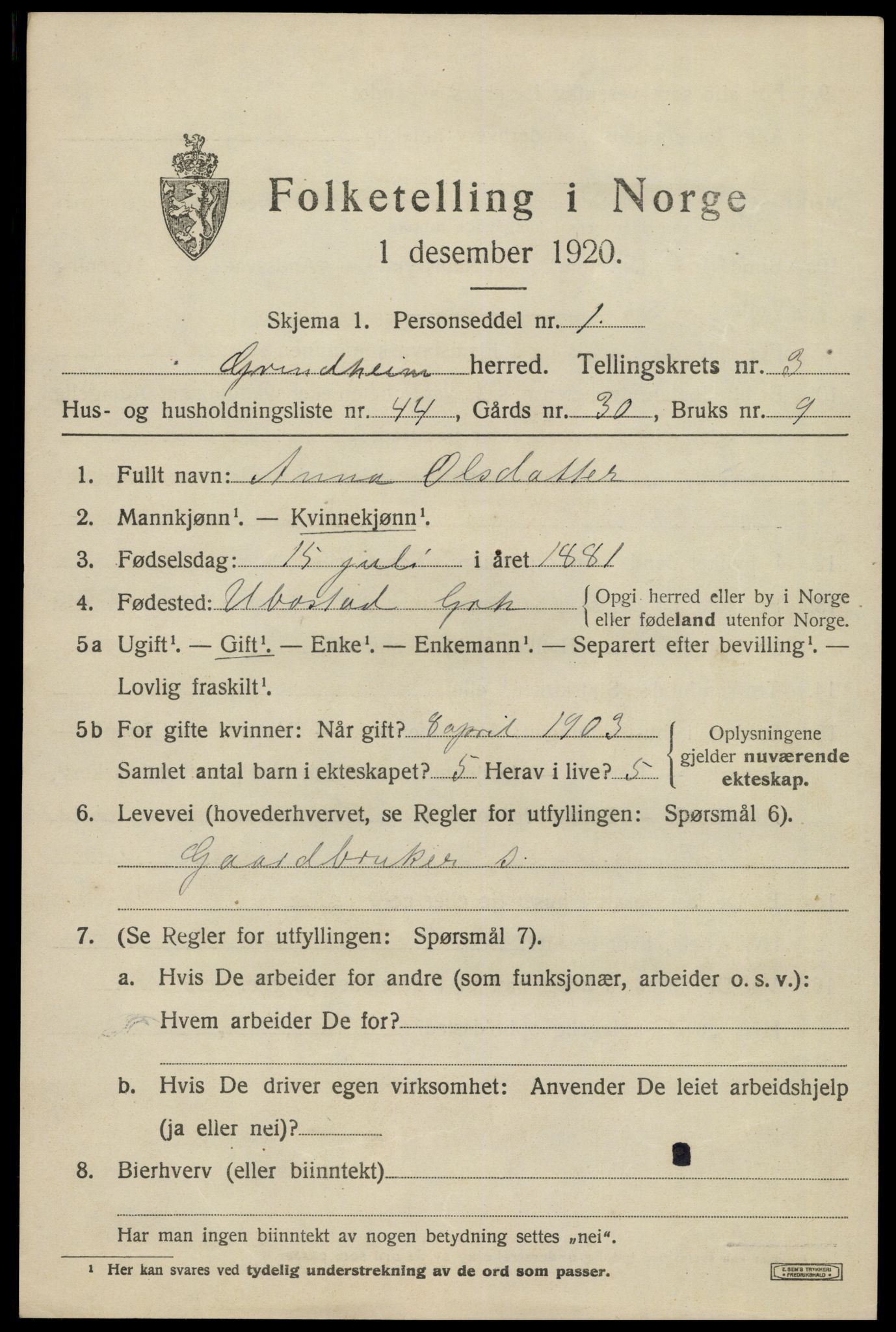 SAK, Folketelling 1920 for 1025 Grindheim herred, 1920, s. 1381