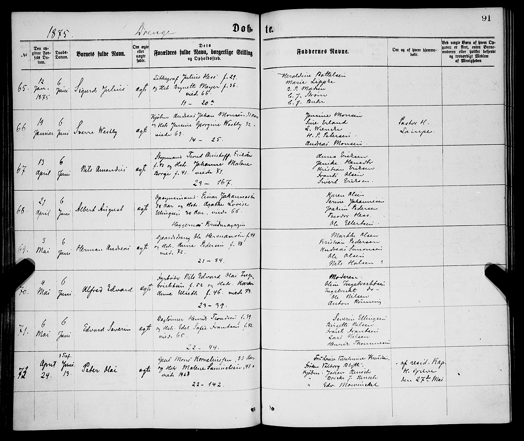 Korskirken sokneprestembete, AV/SAB-A-76101/H/Haa/L0020: Ministerialbok nr. B 6, 1871-1878, s. 91