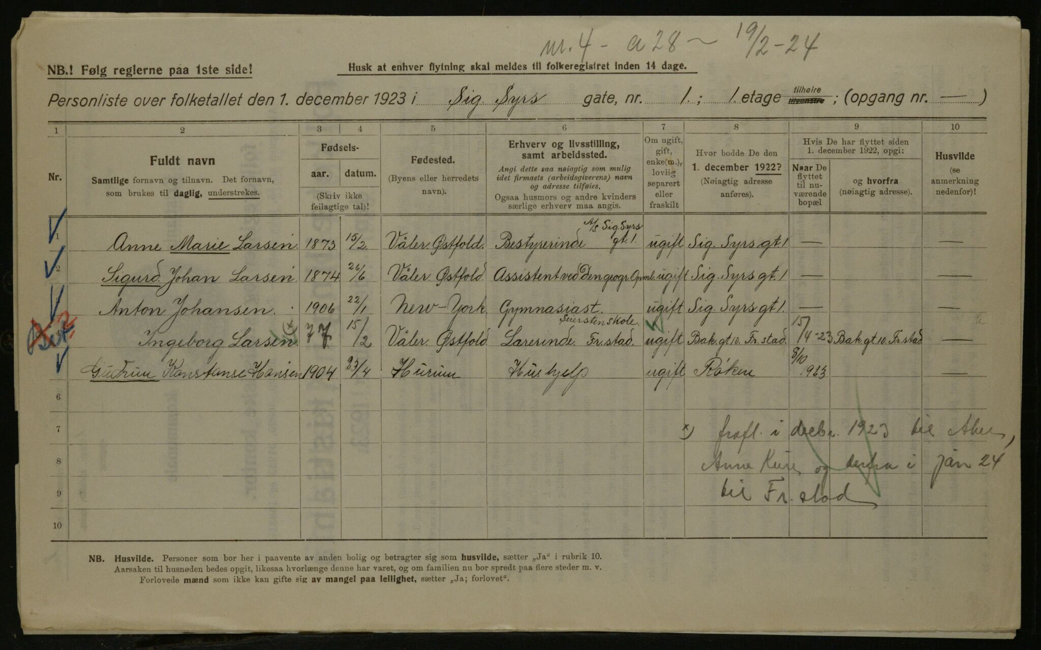 OBA, Kommunal folketelling 1.12.1923 for Kristiania, 1923, s. 105352