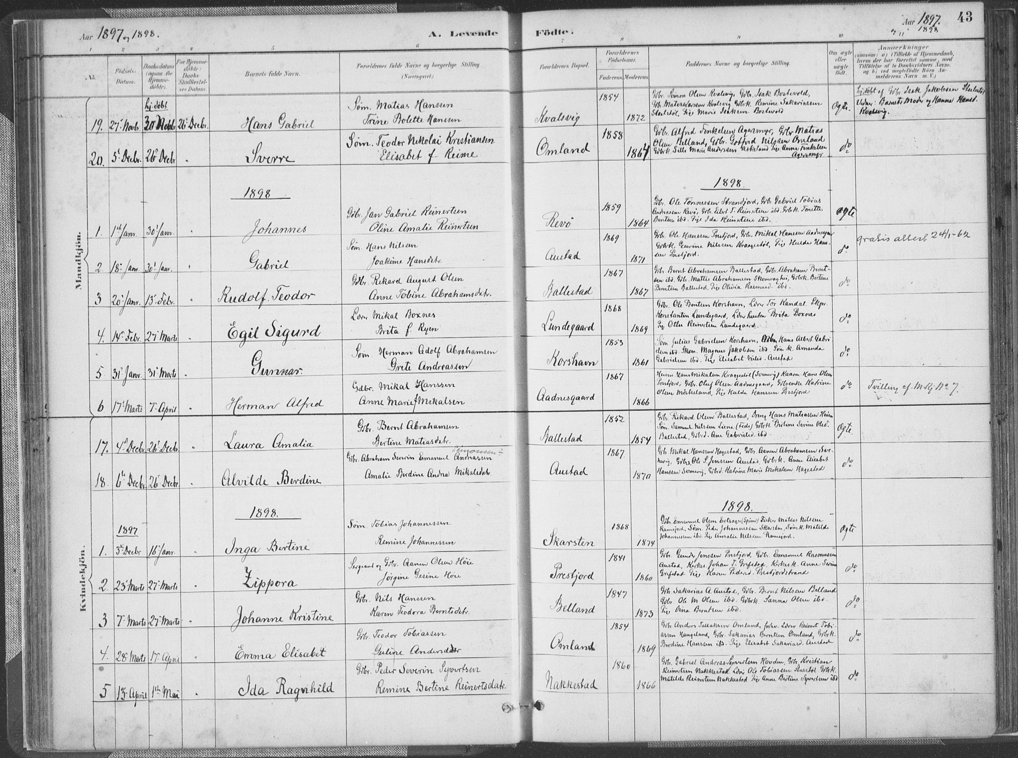 Lyngdal sokneprestkontor, AV/SAK-1111-0029/F/Fa/Faa/L0004: Ministerialbok nr. A 4, 1883-1904, s. 43