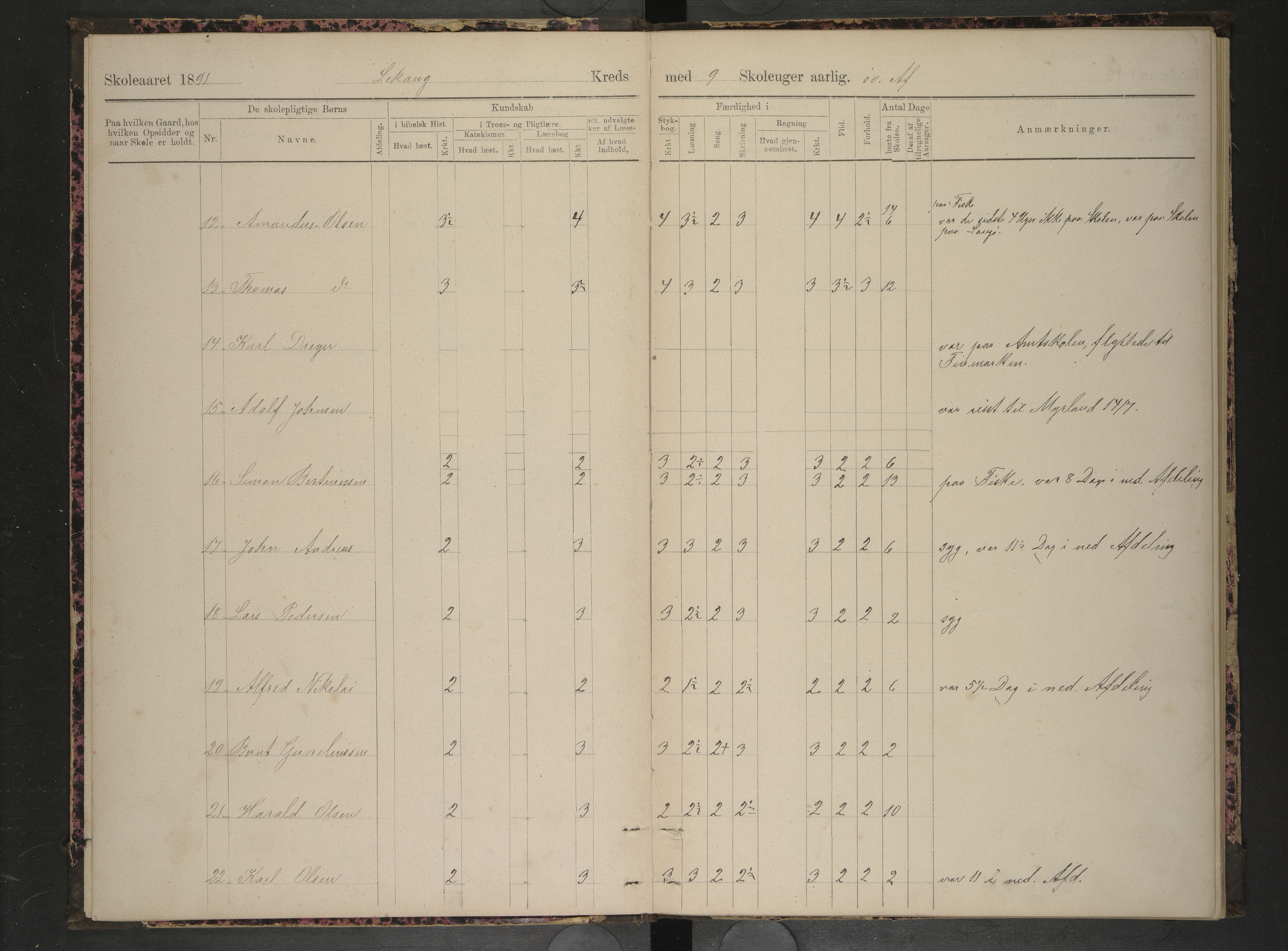 Hadsel kommune. Stokmarknes og Lekang Skolekretser, AIN/K-18660.510.39/F/L0005: Skoleprotokoll for Lekang og Stokmarknes, 1891-1895