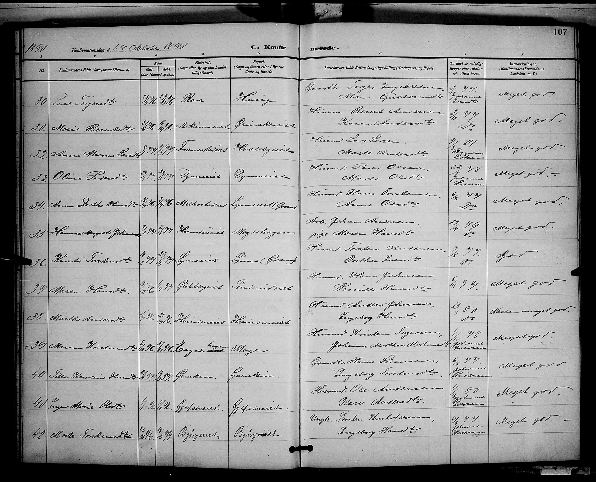 Gran prestekontor, AV/SAH-PREST-112/H/Ha/Hab/L0005: Klokkerbok nr. 5, 1892-1900, s. 107