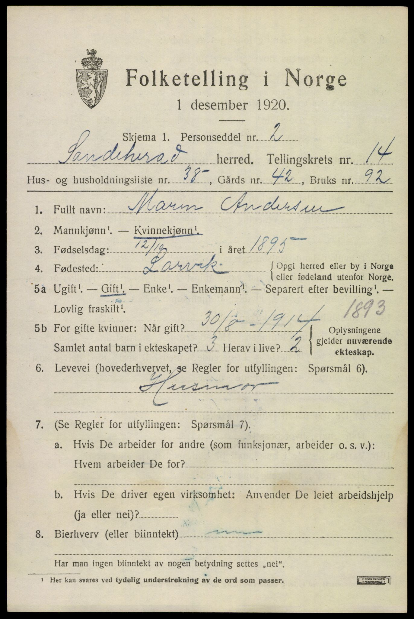 SAKO, Folketelling 1920 for 0724 Sandeherred herred, 1920, s. 20700