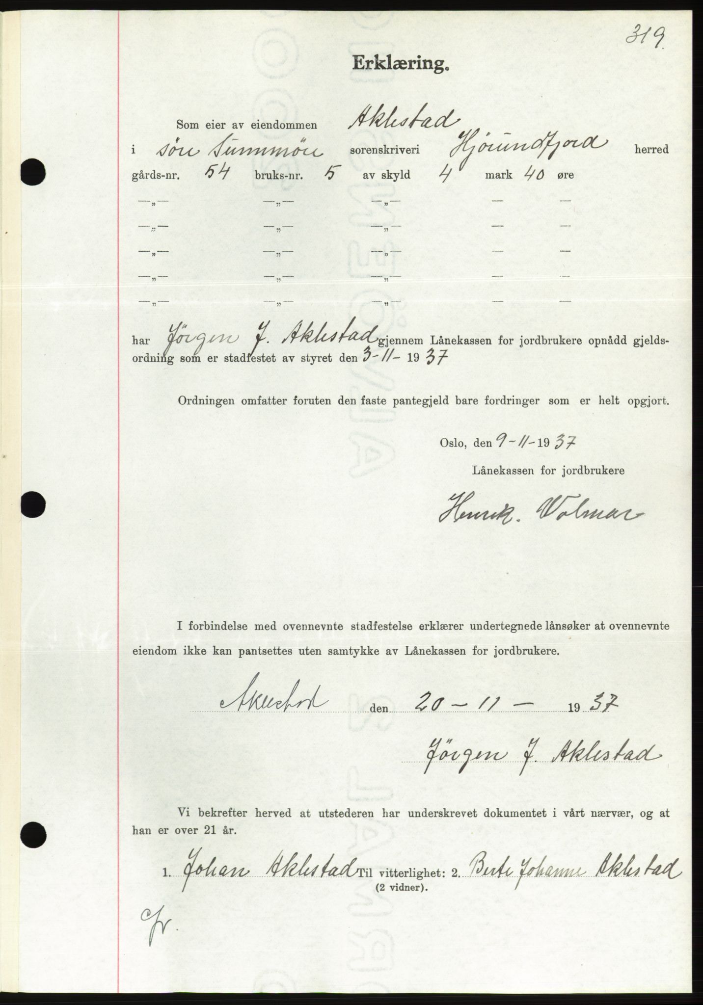 Søre Sunnmøre sorenskriveri, AV/SAT-A-4122/1/2/2C/L0064: Pantebok nr. 58, 1937-1938, Dagboknr: 1854/1937