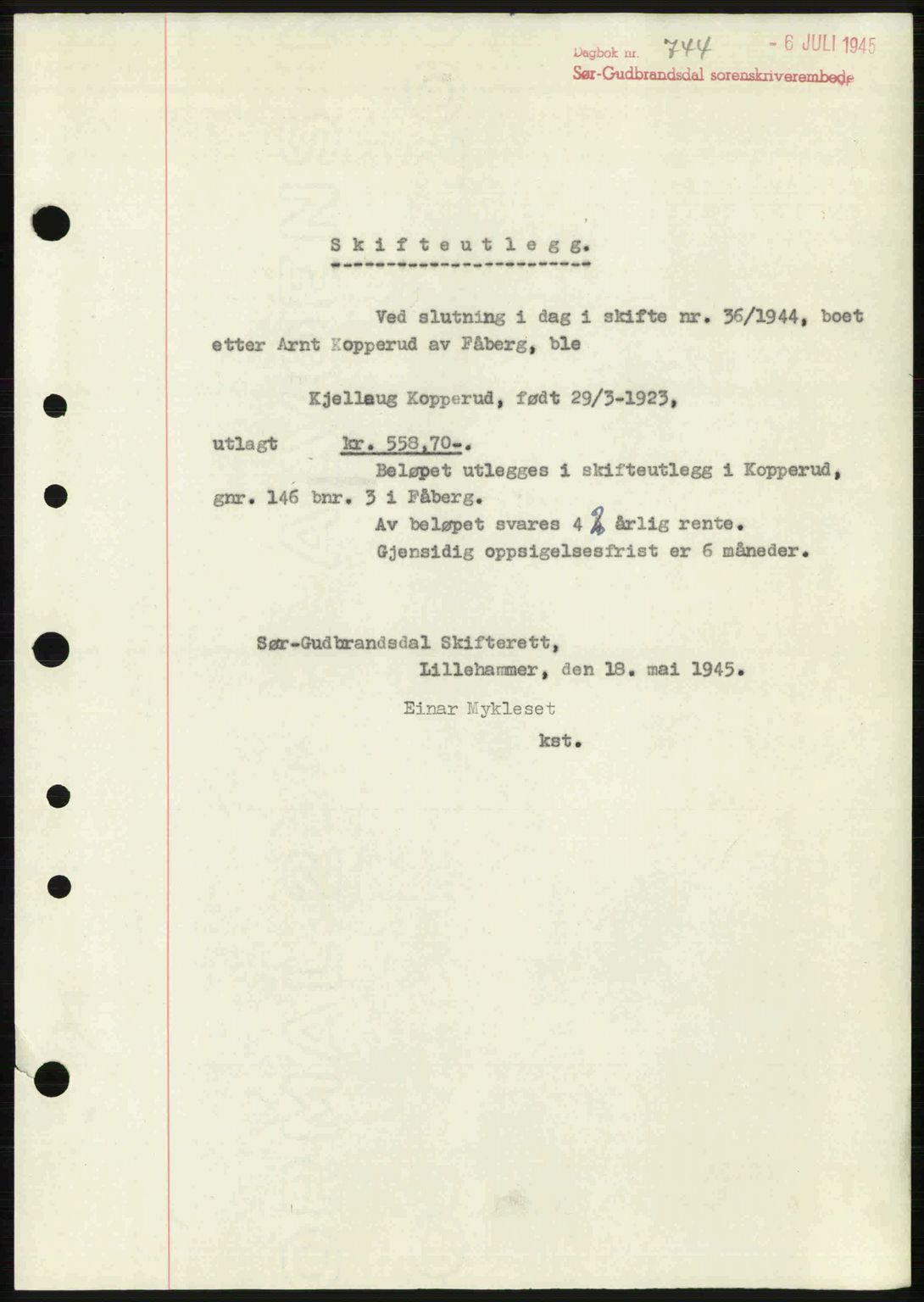 Sør-Gudbrandsdal tingrett, SAH/TING-004/H/Hb/Hbe/L0003: Pantebok nr. B3, 1943-1948, Dagboknr: 744/1945