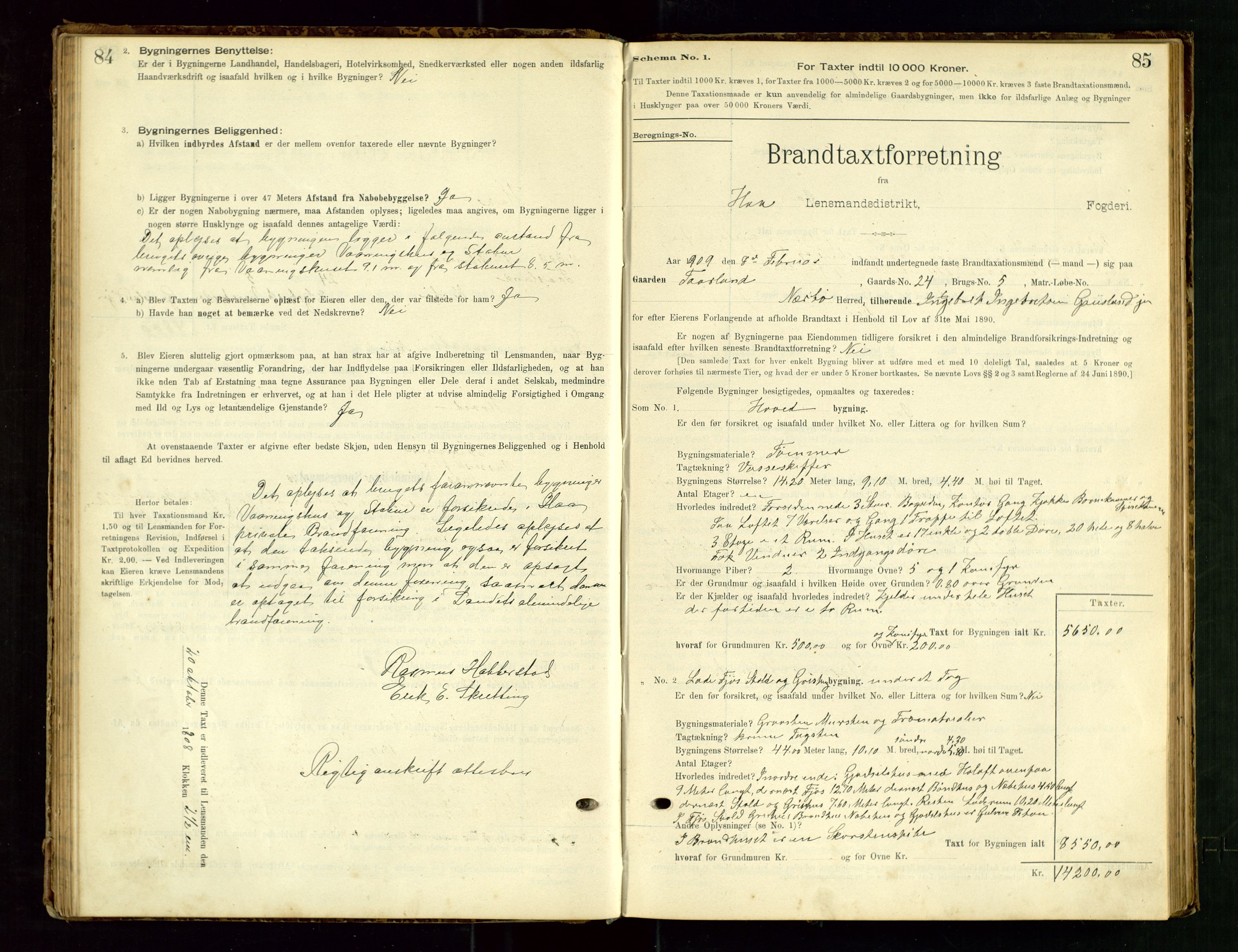 Hå lensmannskontor, SAST/A-100456/Goa/L0003: Takstprotokoll (skjema), 1895-1911, s. 84-85