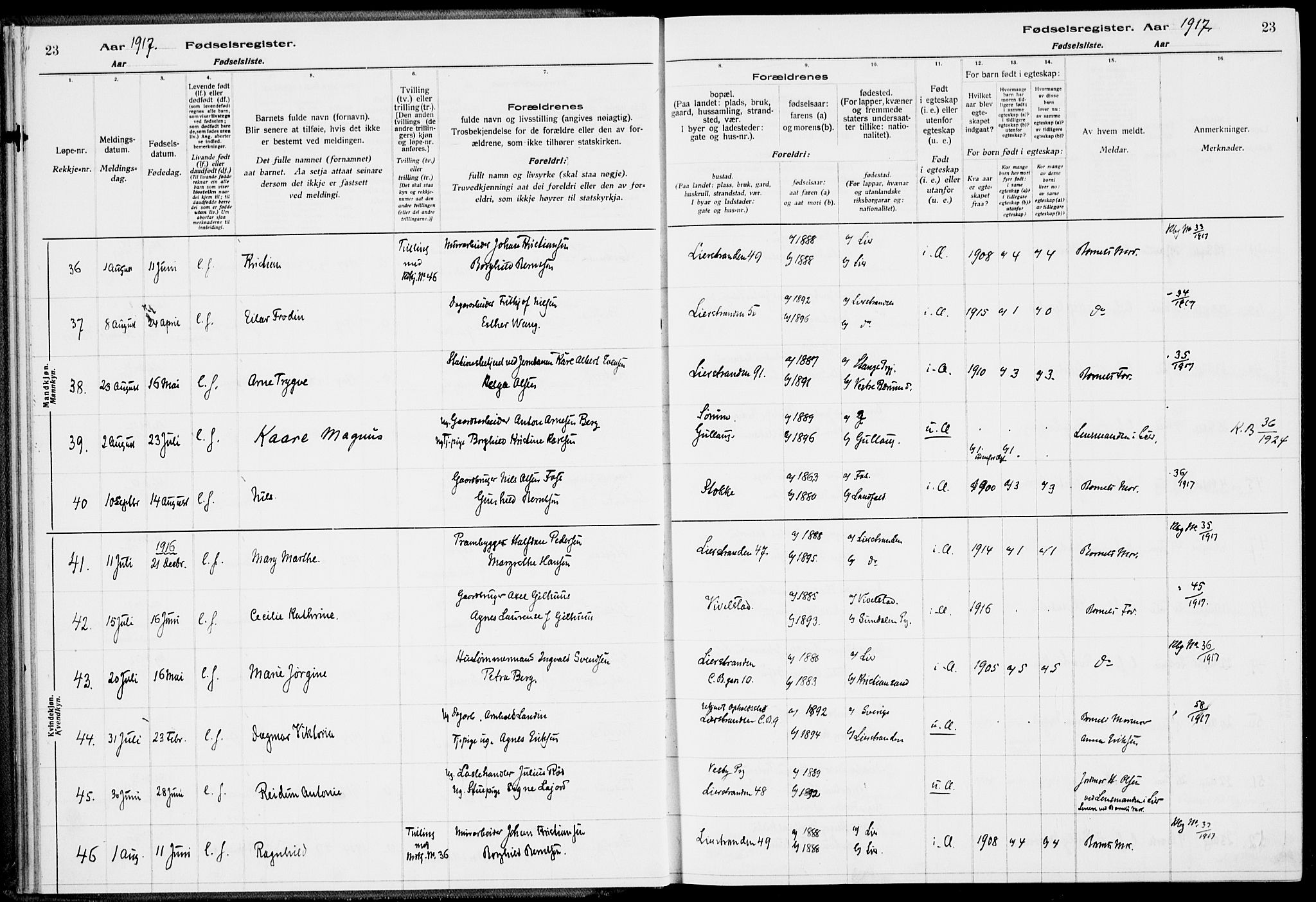 Lier kirkebøker, AV/SAKO-A-230/J/Ja/L0001: Fødselsregister nr. 1, 1916-1928, s. 23