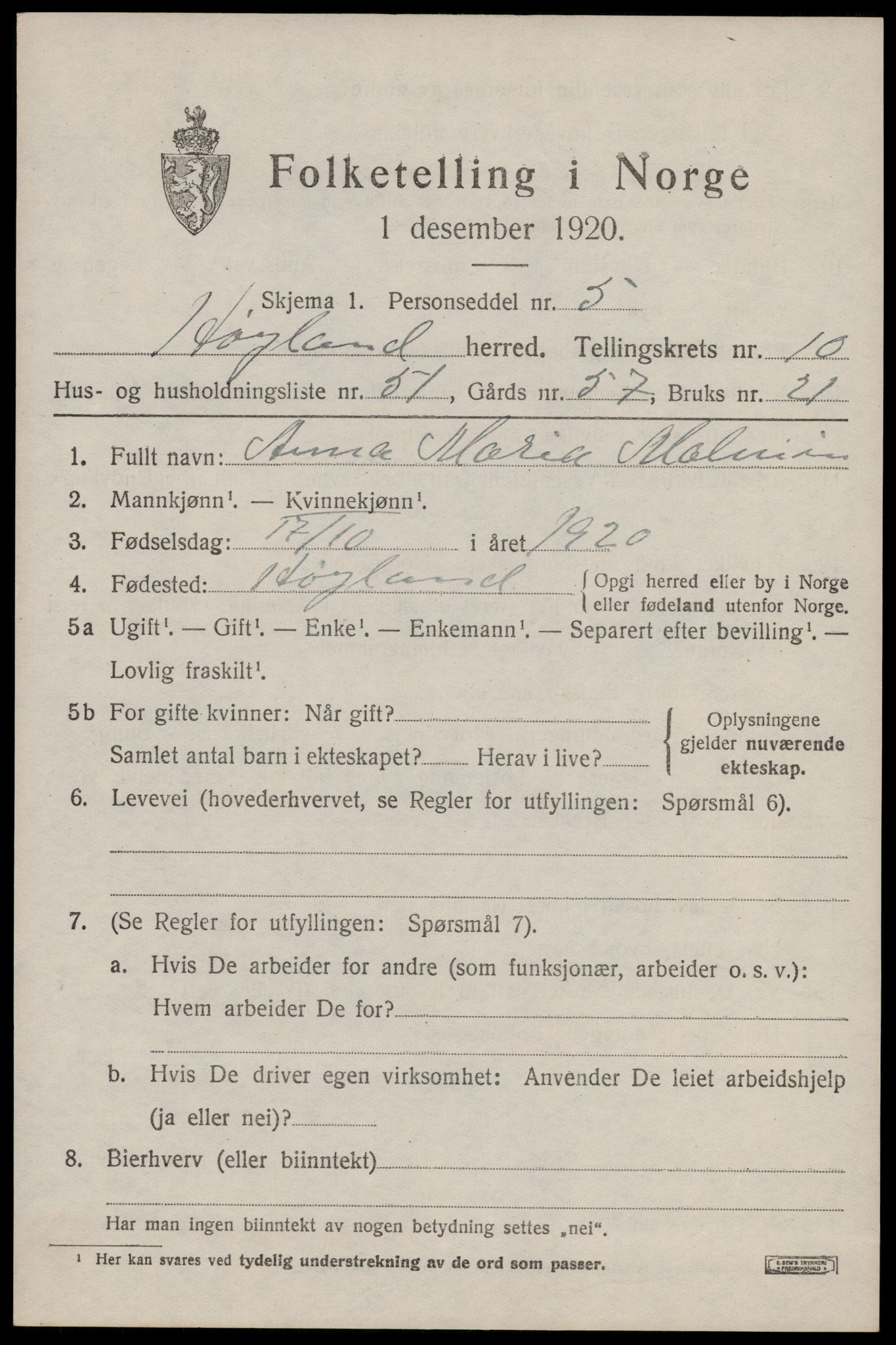 SAST, Folketelling 1920 for 1123 Høyland herred, 1920, s. 7832