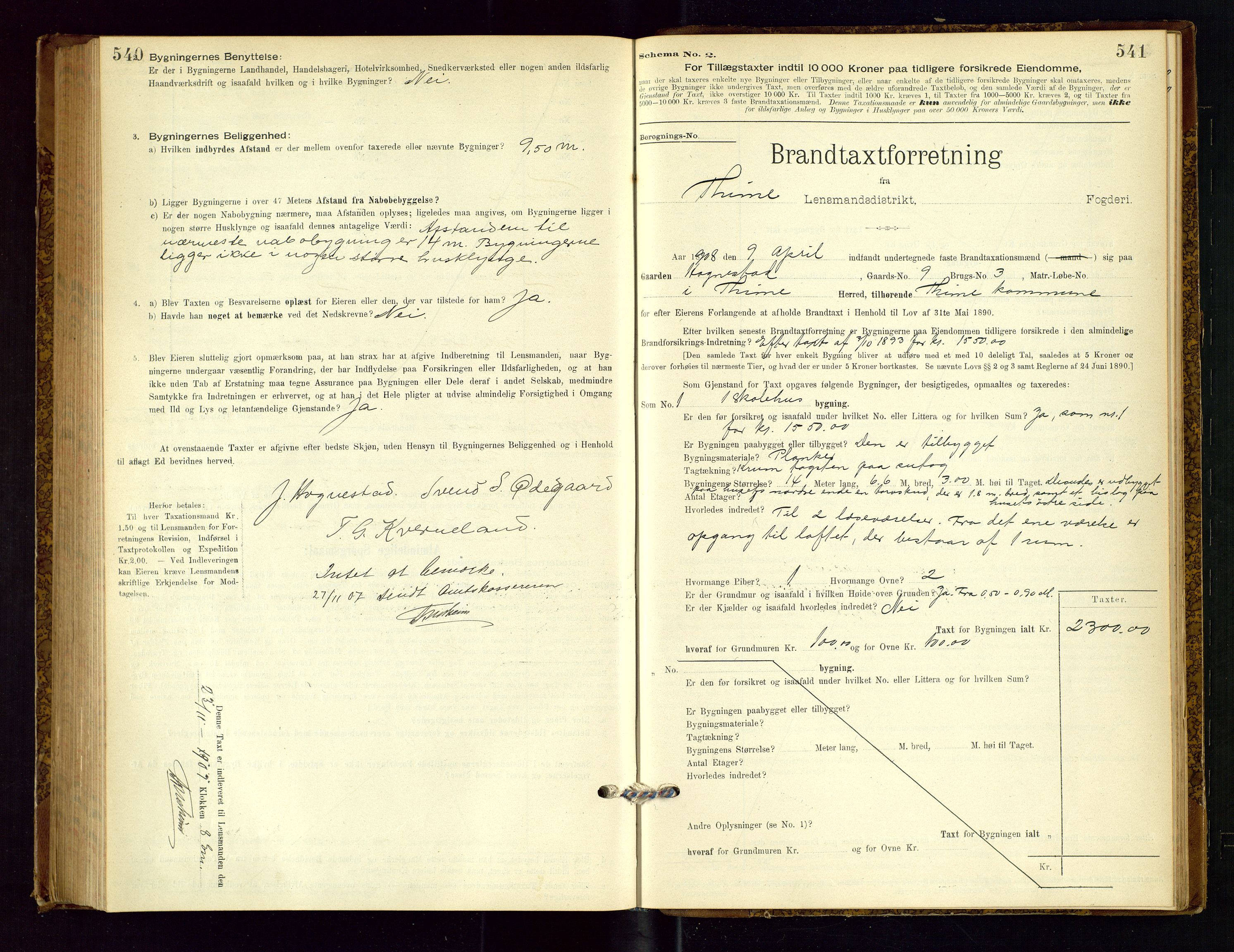 Time lensmannskontor, SAST/A-100420/Gob/L0001: Branntakstprotokoll, 1896-1914, s. 540-541