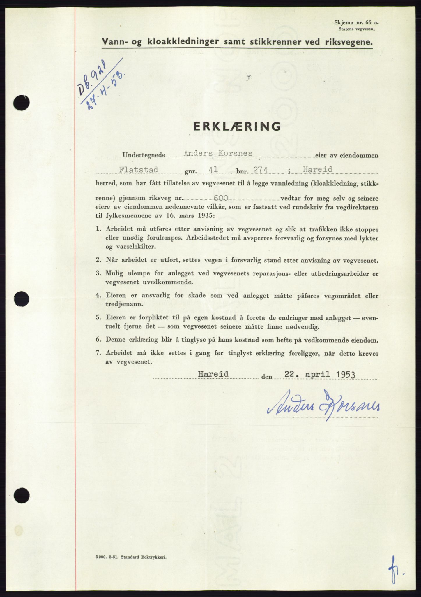 Søre Sunnmøre sorenskriveri, AV/SAT-A-4122/1/2/2C/L0094: Pantebok nr. 20A, 1953-1953, Dagboknr: 921/1953
