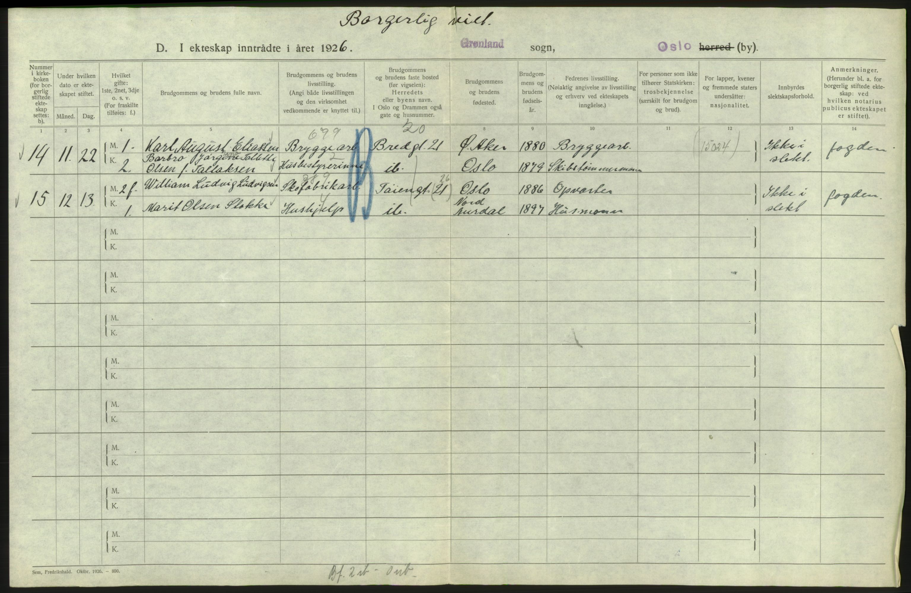 Statistisk sentralbyrå, Sosiodemografiske emner, Befolkning, AV/RA-S-2228/D/Df/Dfc/Dfcf/L0008: Oslo: Gifte, 1926, s. 492