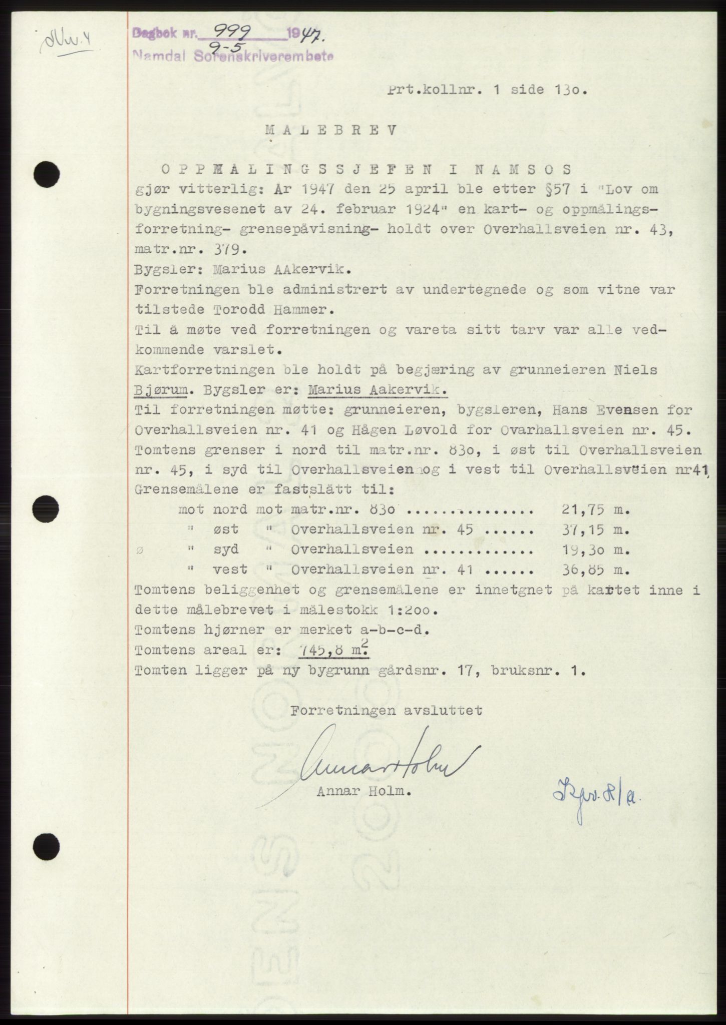 Namdal sorenskriveri, SAT/A-4133/1/2/2C: Pantebok nr. -, 1947-1947, Dagboknr: 999/1947