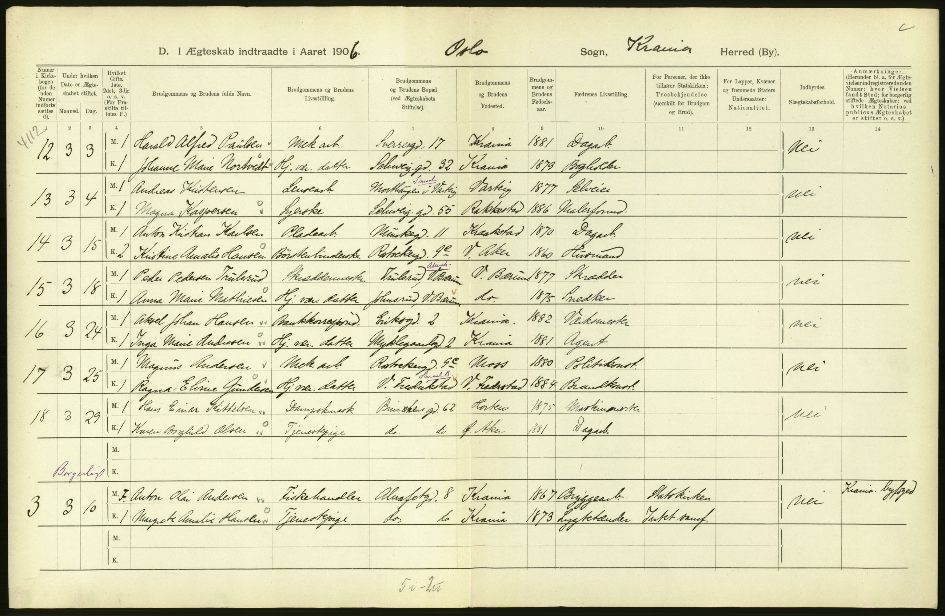 Statistisk sentralbyrå, Sosiodemografiske emner, Befolkning, AV/RA-S-2228/D/Df/Dfa/Dfad/L0008: Kristiania: Gifte, 1906, s. 6