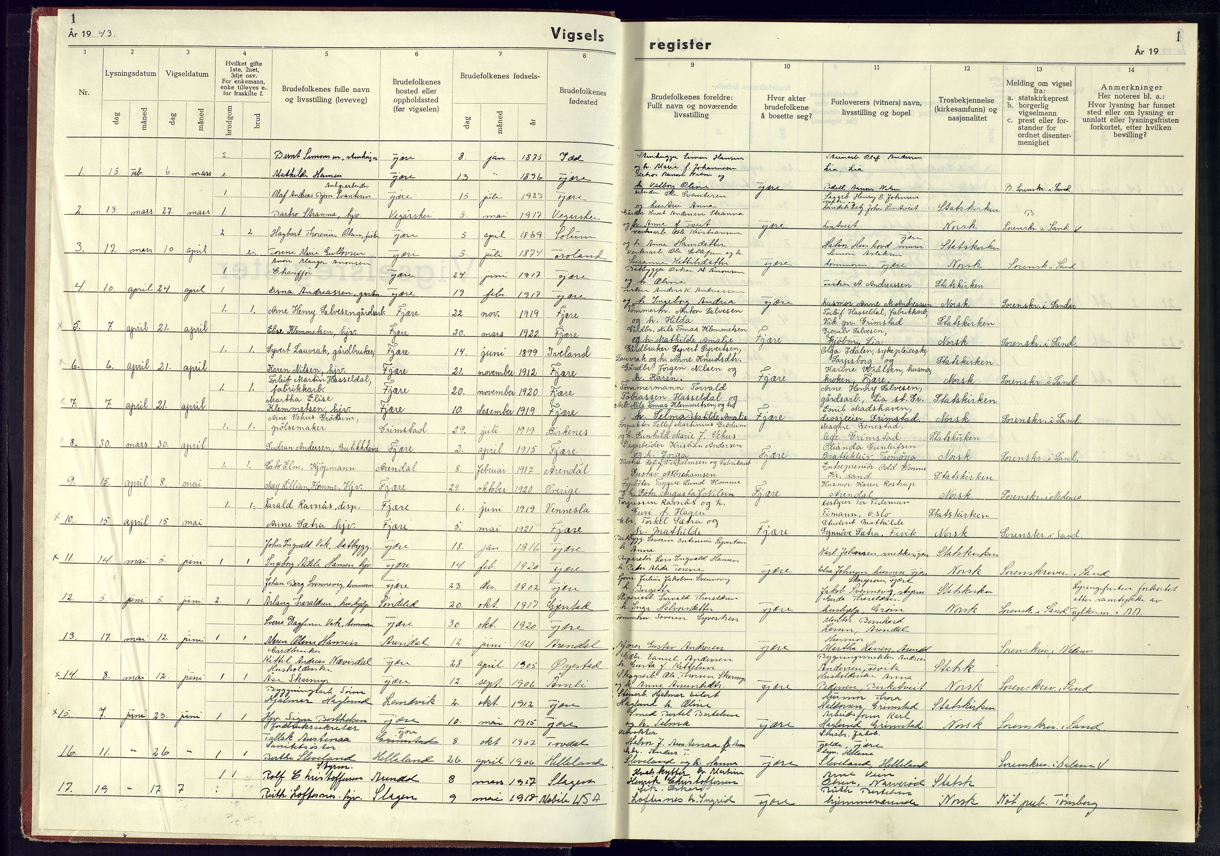 Fjære sokneprestkontor, SAK/1111-0011/J/Je/L0002: Vigselsregister nr. 2, 1943-1945, s. 1