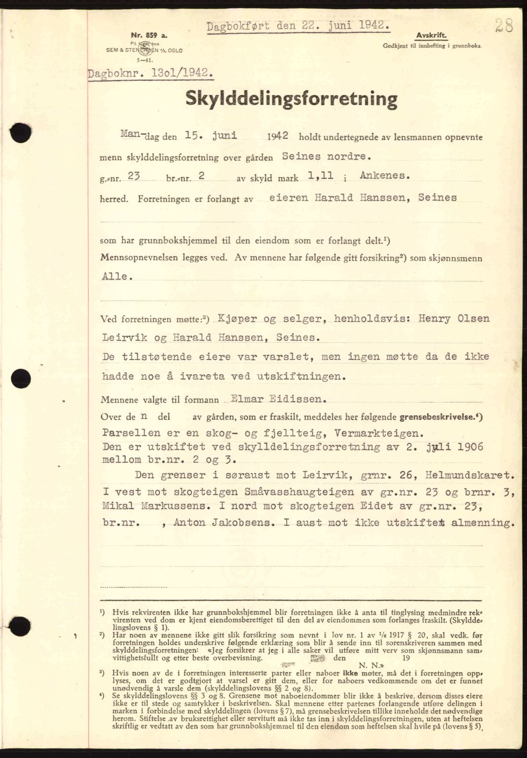 Steigen og Ofoten sorenskriveri, AV/SAT-A-0030/1/2/2C: Pantebok nr. A9-12, 1942-1946, Dagboknr: 1301/1942