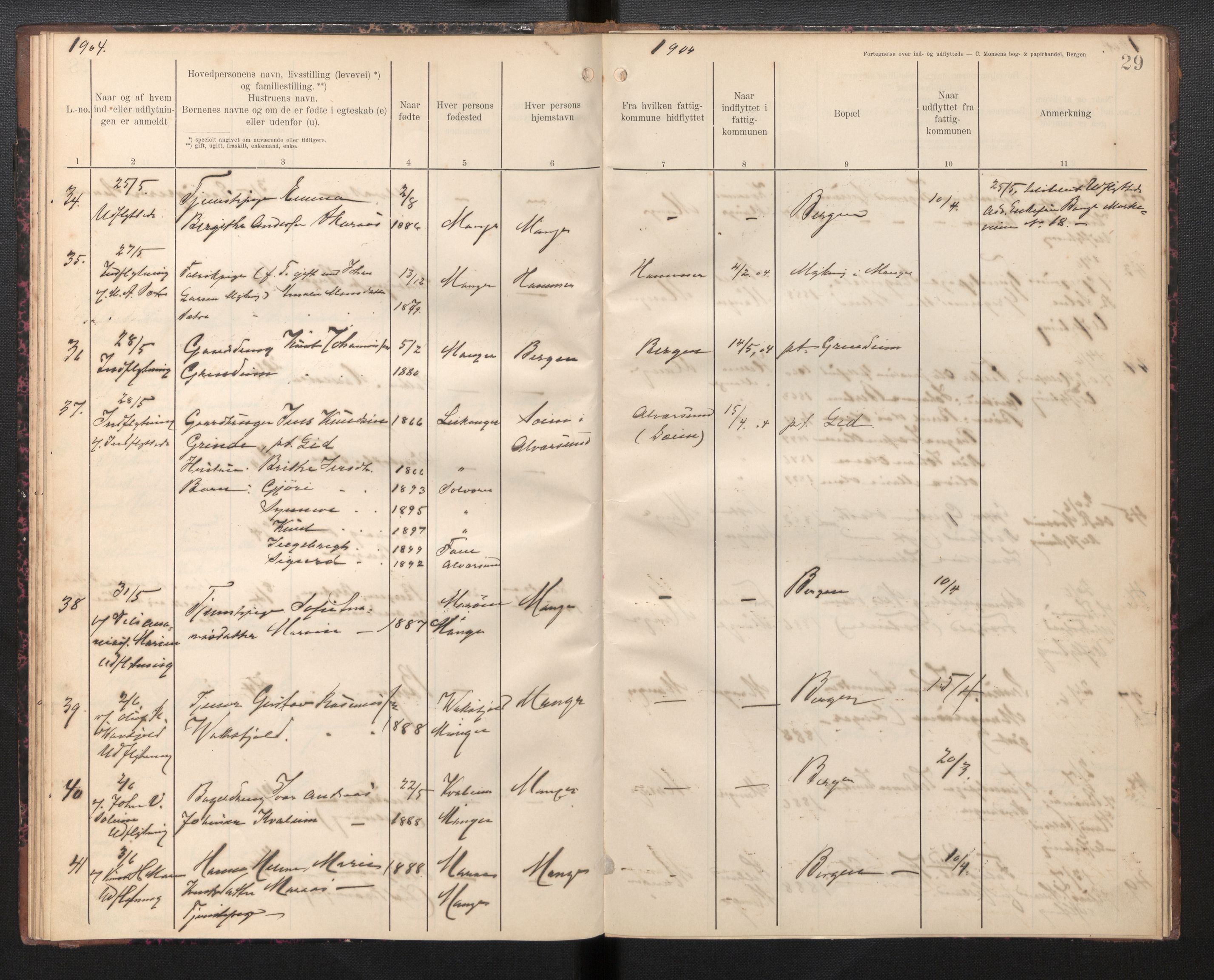 Lensmannen i Manger, AV/SAB-A-33701/0020/L0001: Protokoll over inn- og utflytte, 1901-1906