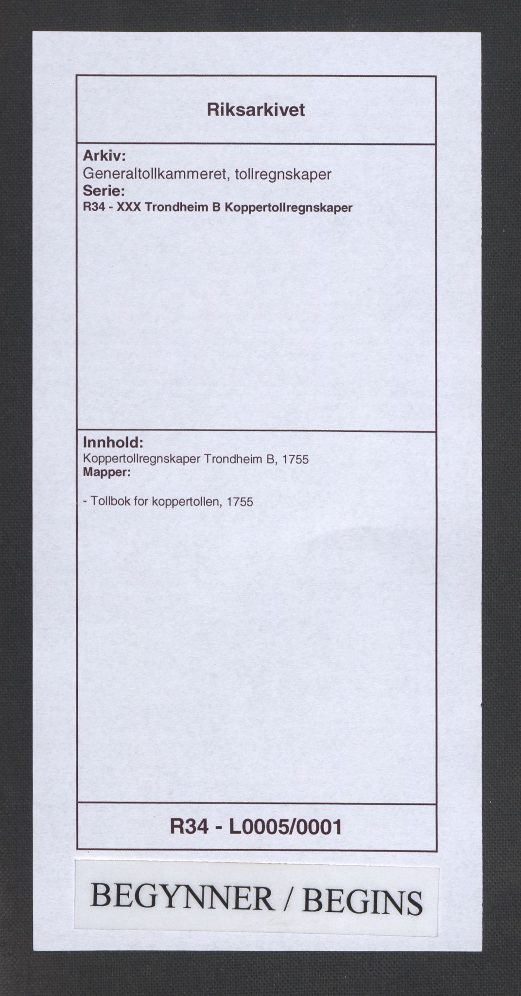 Generaltollkammeret, tollregnskaper, AV/RA-EA-5490/R34/L0005/0001: Koppertollregnskaper Trondheim B / Tollbok for koppertollen, 1755