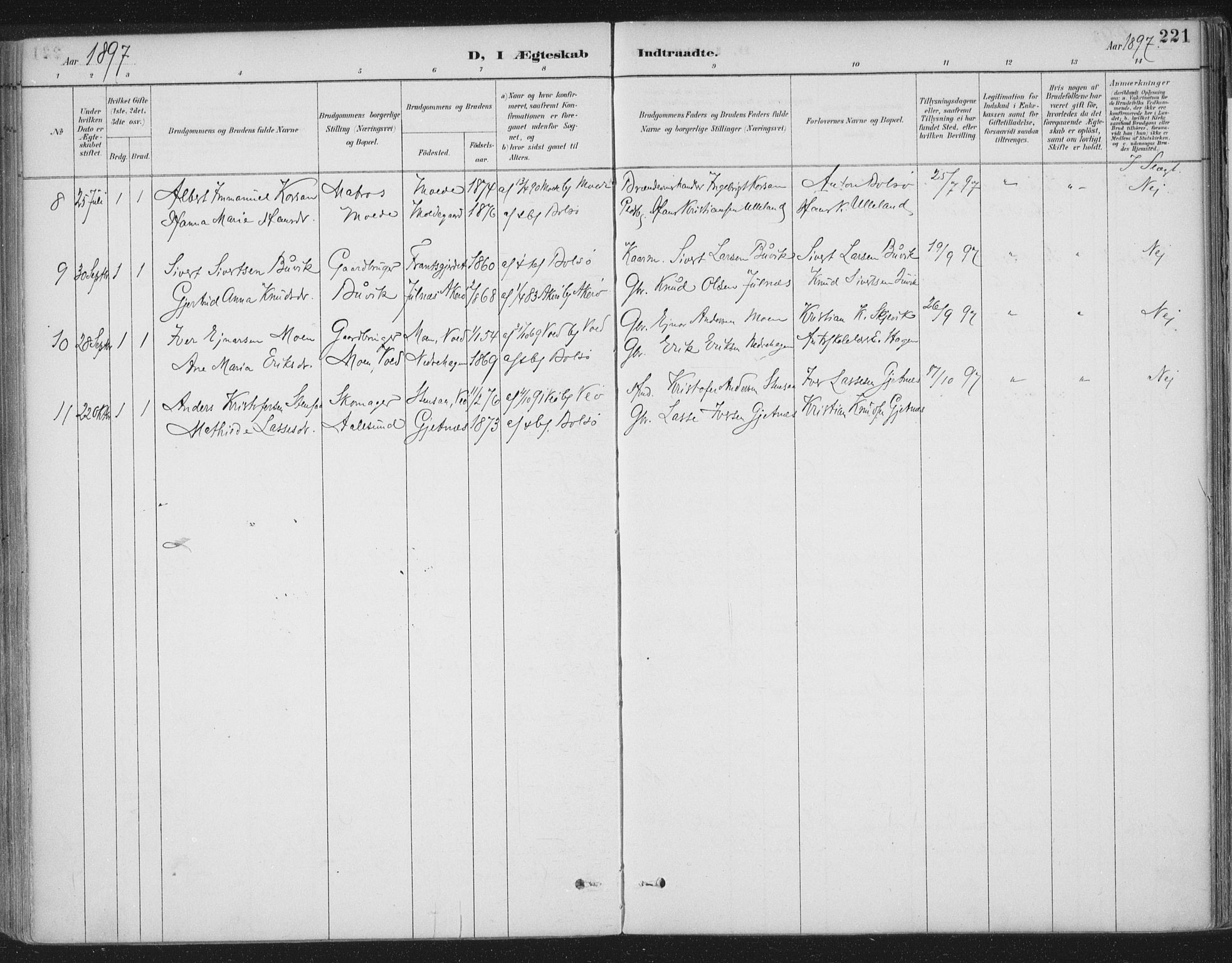 Ministerialprotokoller, klokkerbøker og fødselsregistre - Møre og Romsdal, SAT/A-1454/555/L0658: Ministerialbok nr. 555A09, 1887-1917, s. 221