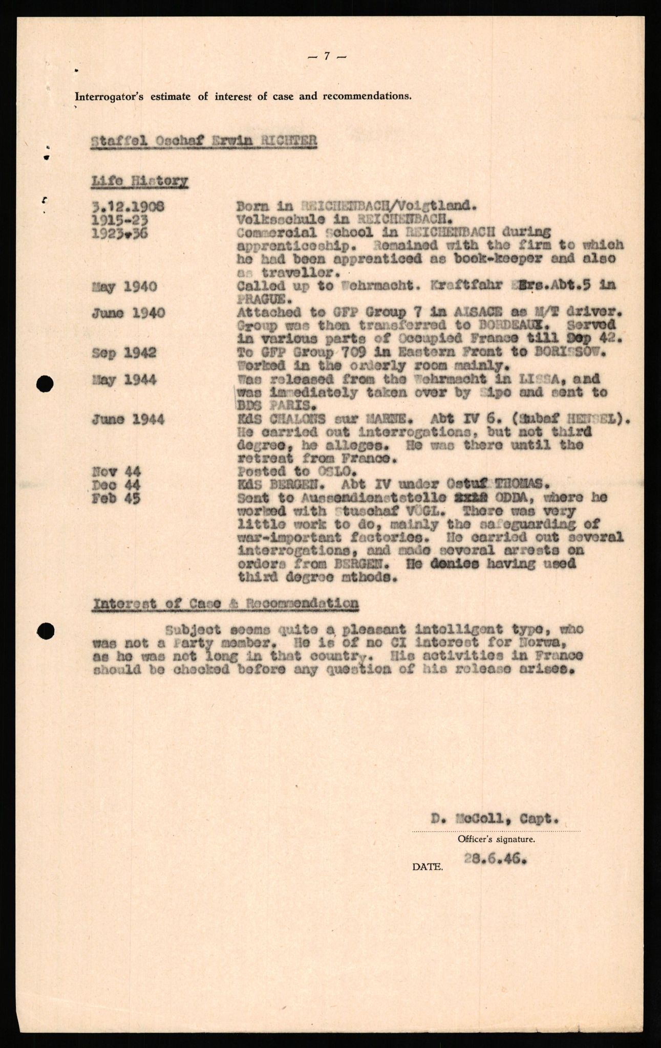 Forsvaret, Forsvarets overkommando II, AV/RA-RAFA-3915/D/Db/L0027: CI Questionaires. Tyske okkupasjonsstyrker i Norge. Tyskere., 1945-1946, s. 323