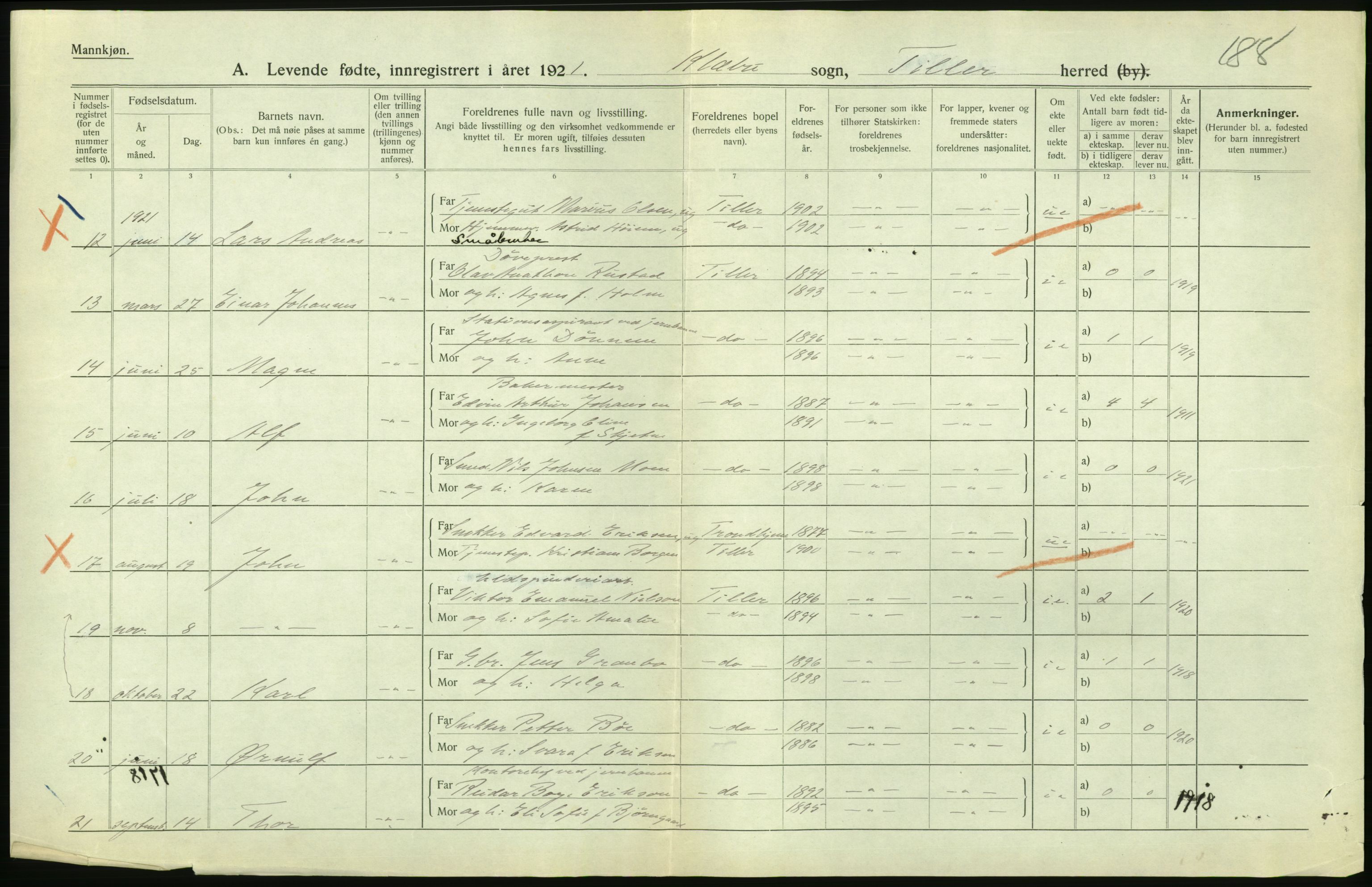 Statistisk sentralbyrå, Sosiodemografiske emner, Befolkning, RA/S-2228/D/Df/Dfc/Dfca/L0043: S. Trøndelag fylke: Levendefødte menn og kvinner. Bygder., 1921, s. 322