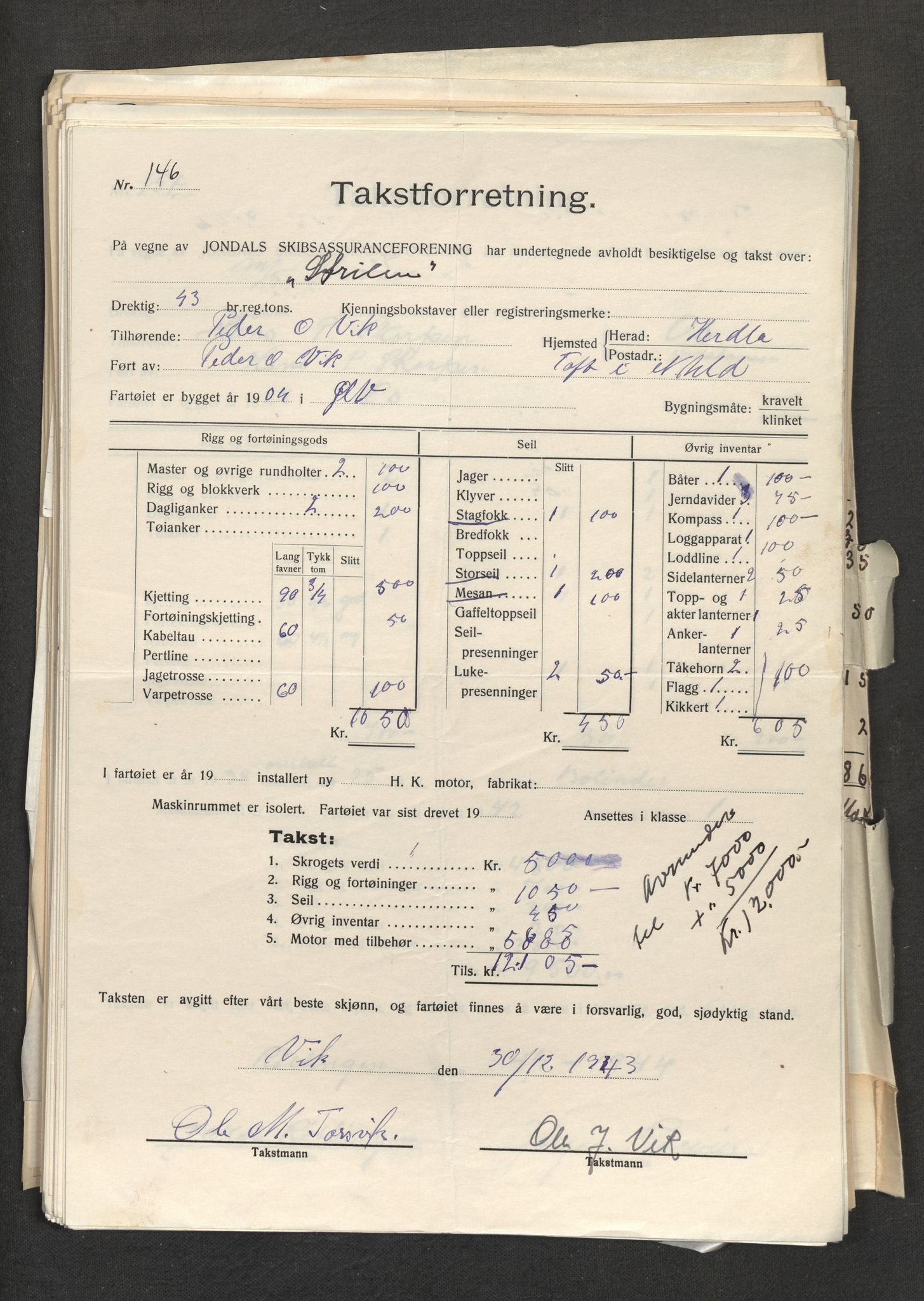 Jondal Skipsassuranseforening, AV/SAB-SAB/PA-0276/E/L0055: Takster , 1944-1952