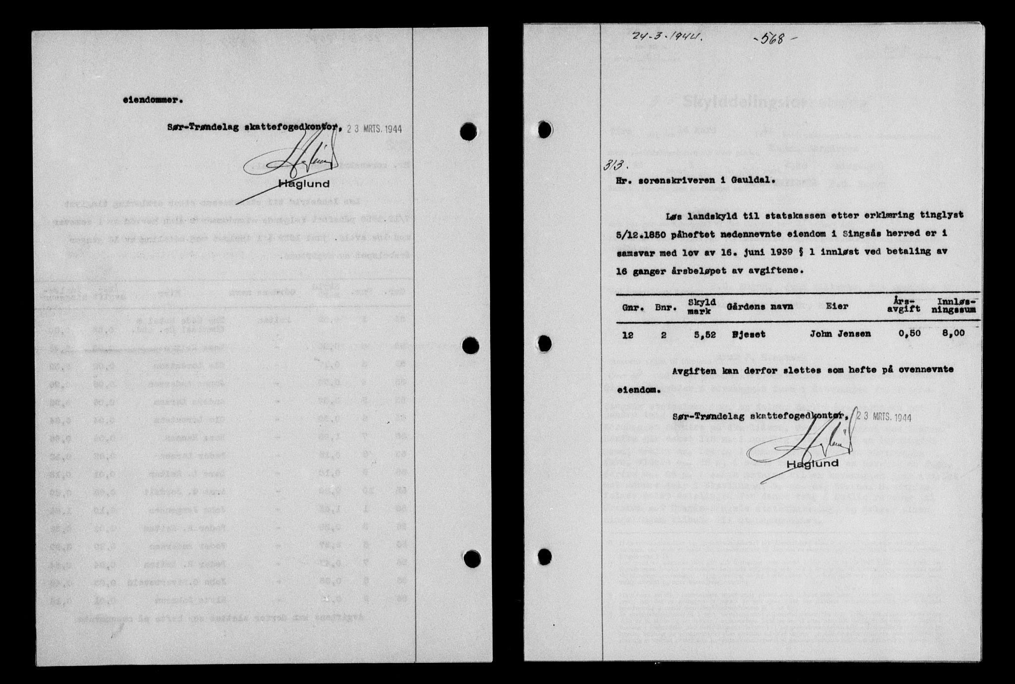 Gauldal sorenskriveri, SAT/A-0014/1/2/2C/L0057: Pantebok nr. 62, 1943-1944, Dagboknr: 313/1944
