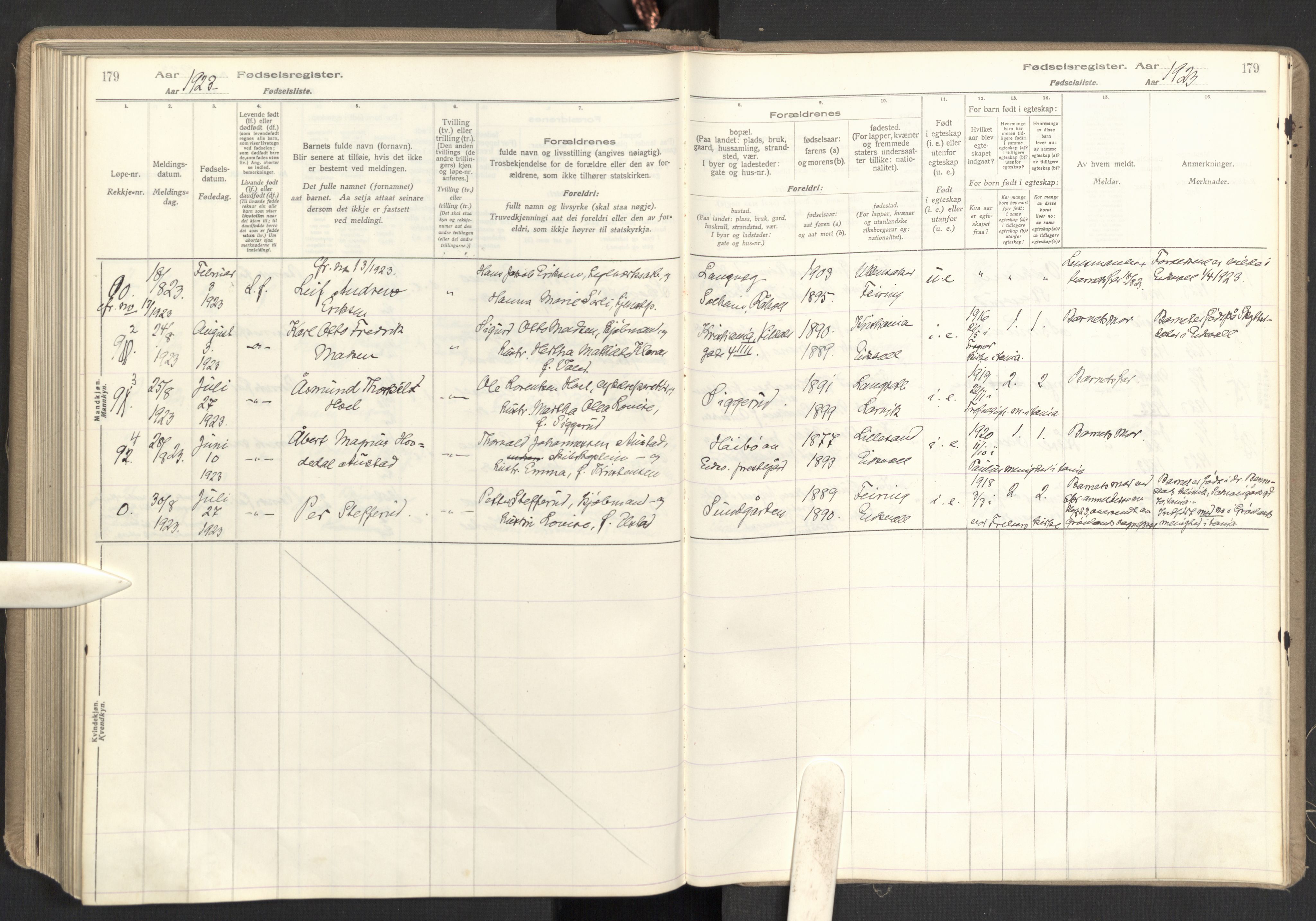 Eidsvoll prestekontor Kirkebøker, AV/SAO-A-10888/J/Ja/L0001: Fødselsregister nr. I 1, 1916-1924, s. 179