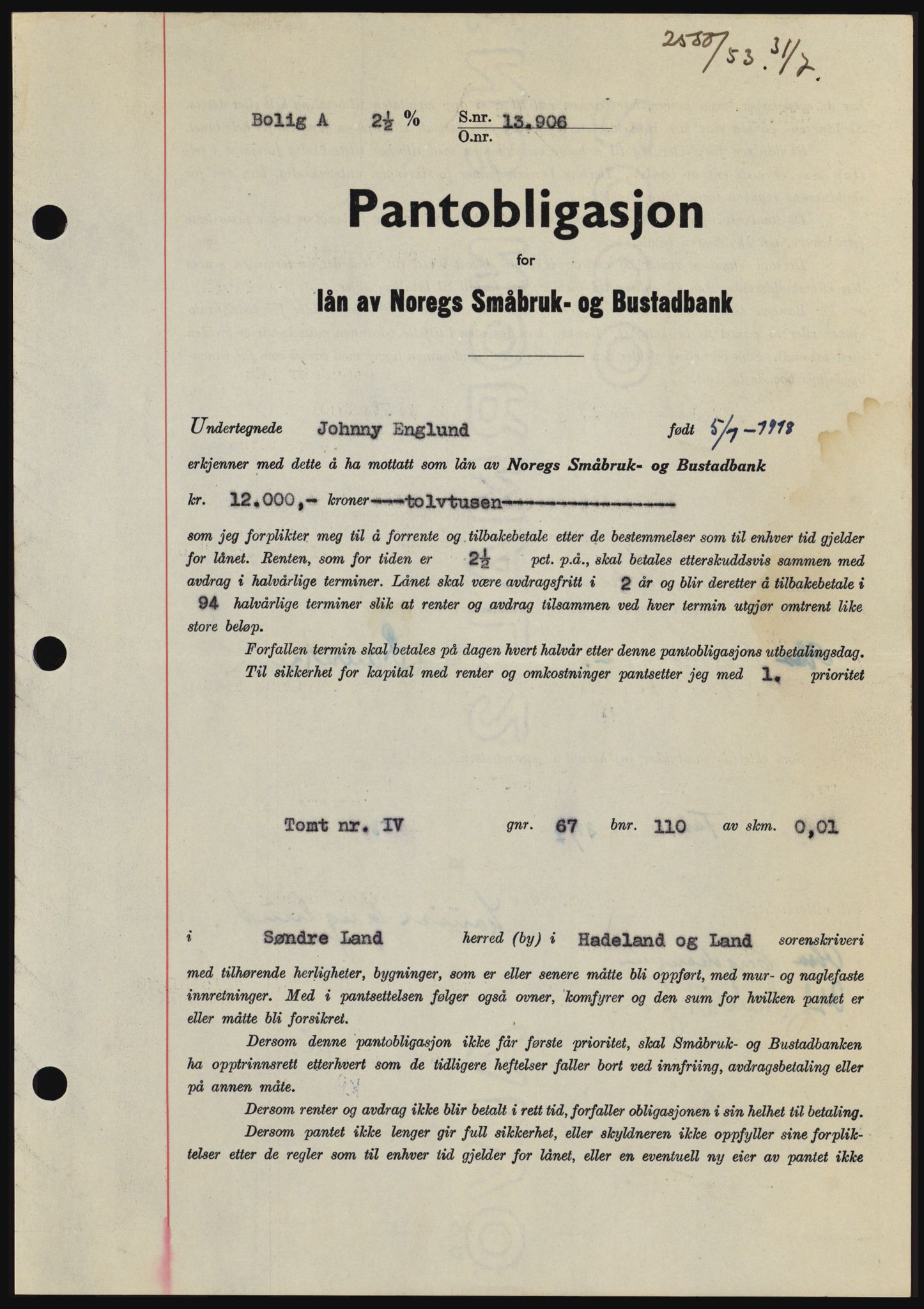 Hadeland og Land tingrett, SAH/TING-010/H/Hb/Hbc/L0027: Pantebok nr. B27, 1953-1953, Dagboknr: 2550/1953