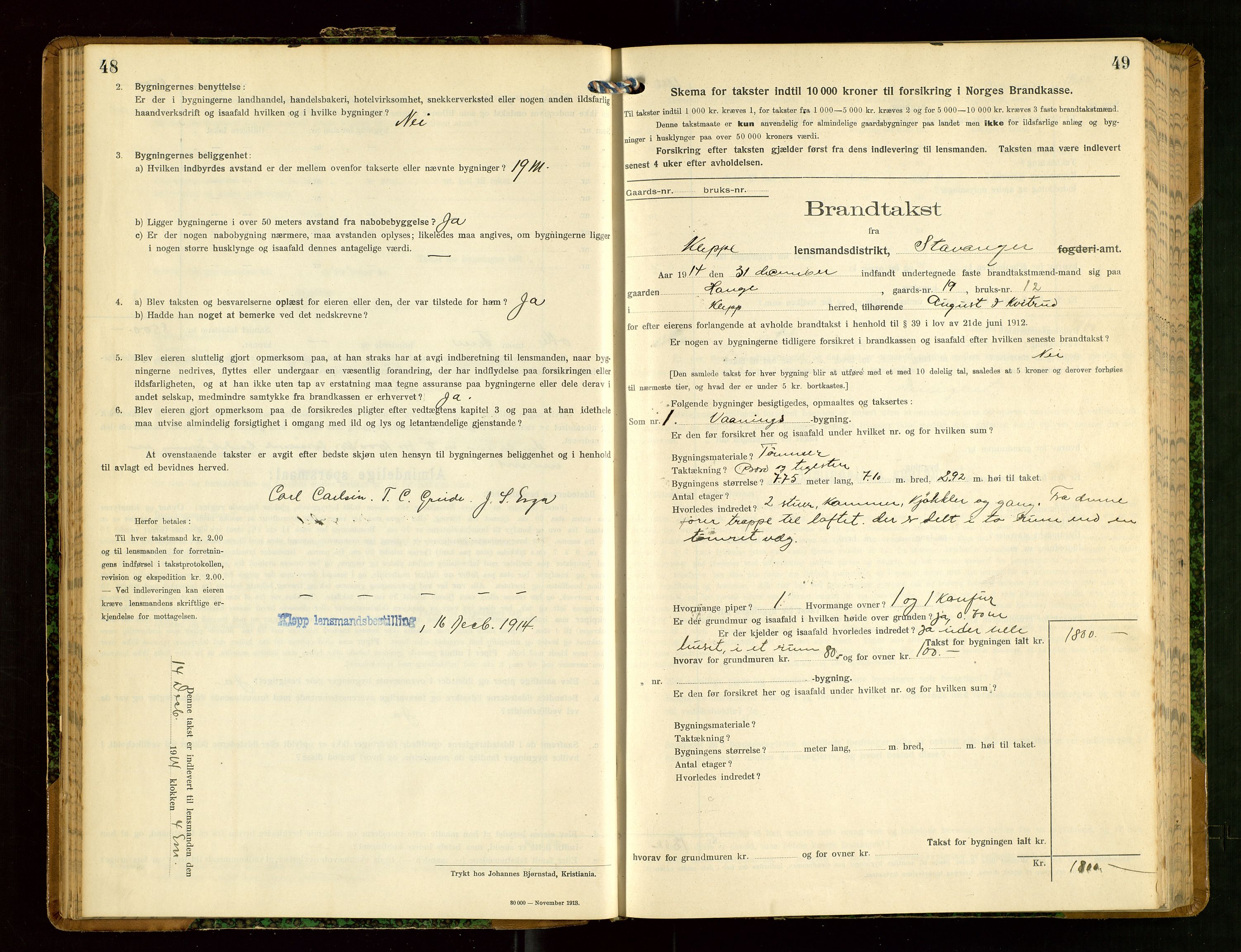 Klepp lensmannskontor, SAST/A-100163/Goc/L0008: "Brandtakstprotokol" m/register, 1914-1917, s. 48-49
