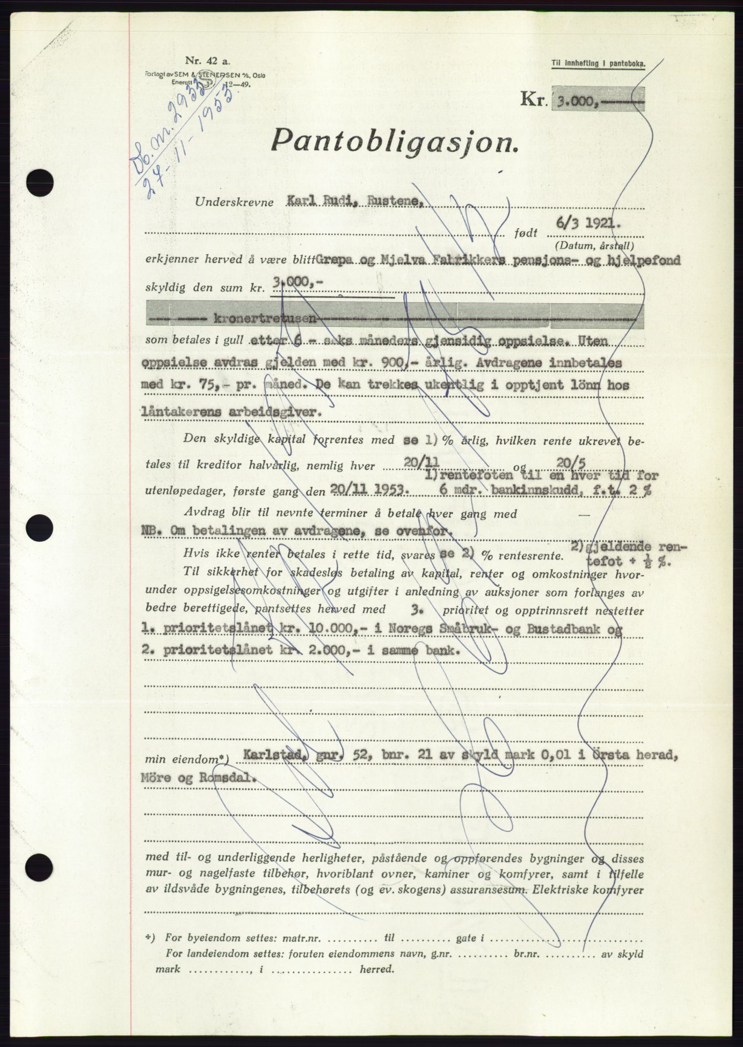 Søre Sunnmøre sorenskriveri, AV/SAT-A-4122/1/2/2C/L0124: Pantebok nr. 12B, 1953-1954, Dagboknr: 2933/1953