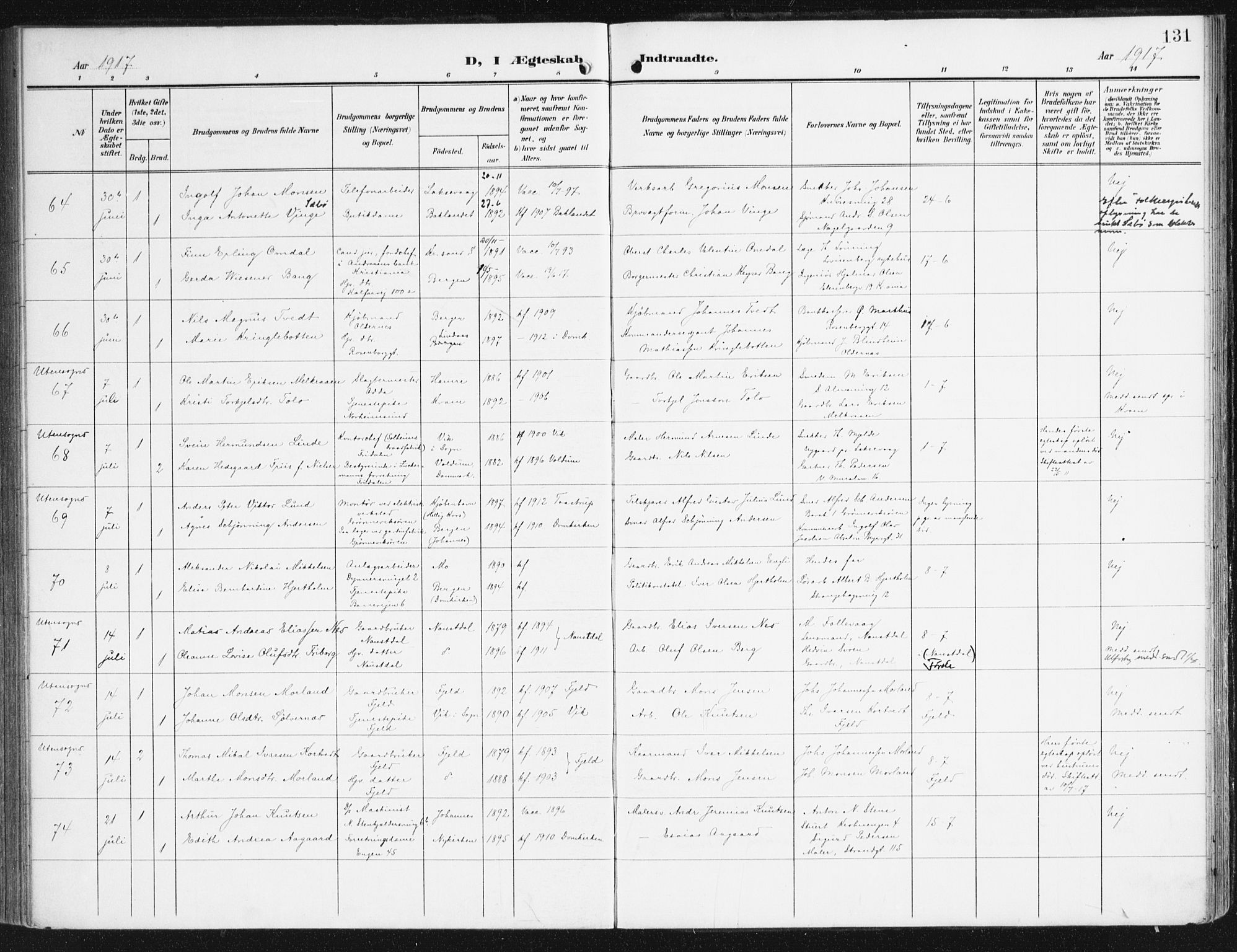 Domkirken sokneprestembete, AV/SAB-A-74801/H/Haa/L0038: Ministerialbok nr. D 5, 1906-1921, s. 131