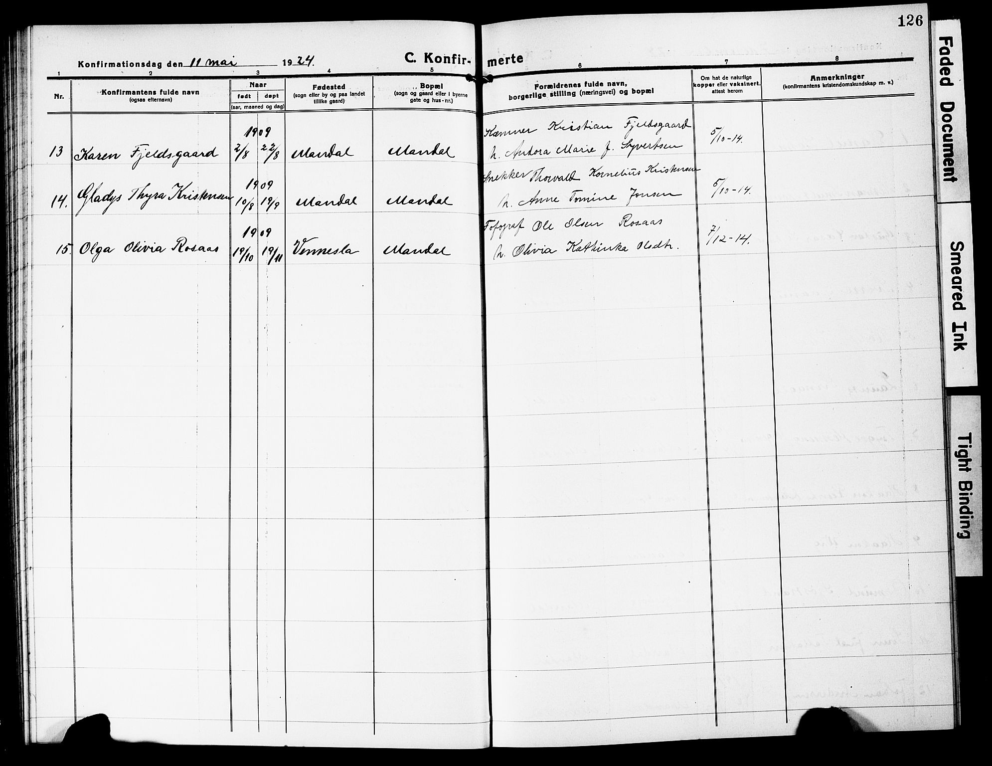 Mandal sokneprestkontor, AV/SAK-1111-0030/F/Fb/Fbc/L0001: Klokkerbok nr. B 1, 1918-1931, s. 126