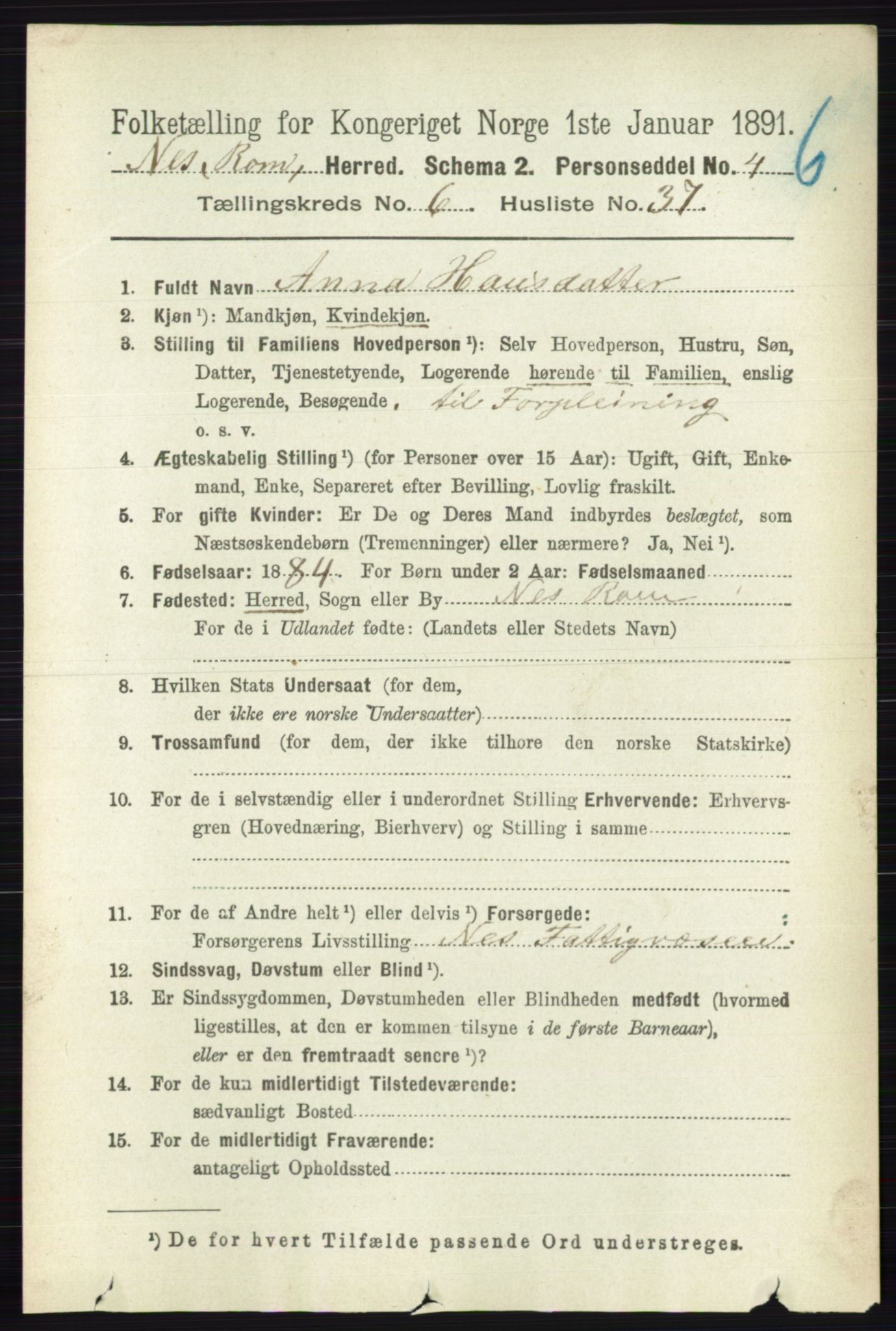 RA, Folketelling 1891 for 0236 Nes herred, 1891, s. 3616