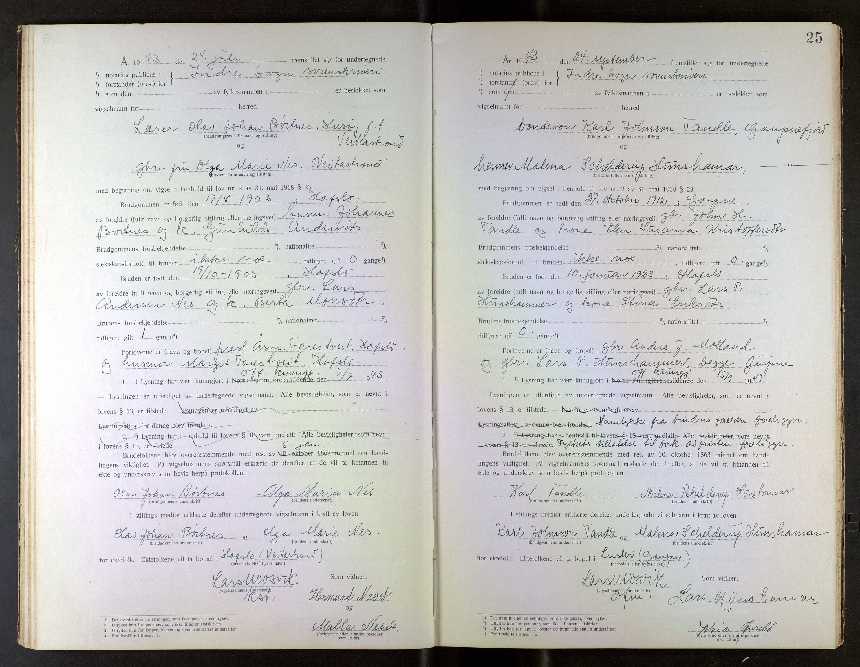 Indre Sogn tingrett, AV/SAB-A-3301/1/L/La/Laa/L0001: Vigselsbok Indre Sogn, 1938-1967, s. 25