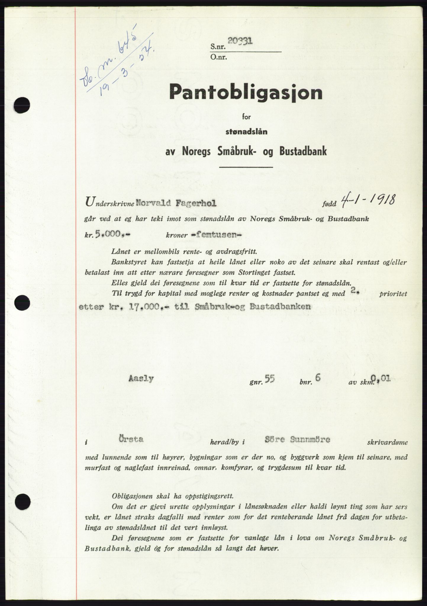 Søre Sunnmøre sorenskriveri, SAT/A-4122/1/2/2C/L0124: Pantebok nr. 12B, 1953-1954, Dagboknr: 645/1954