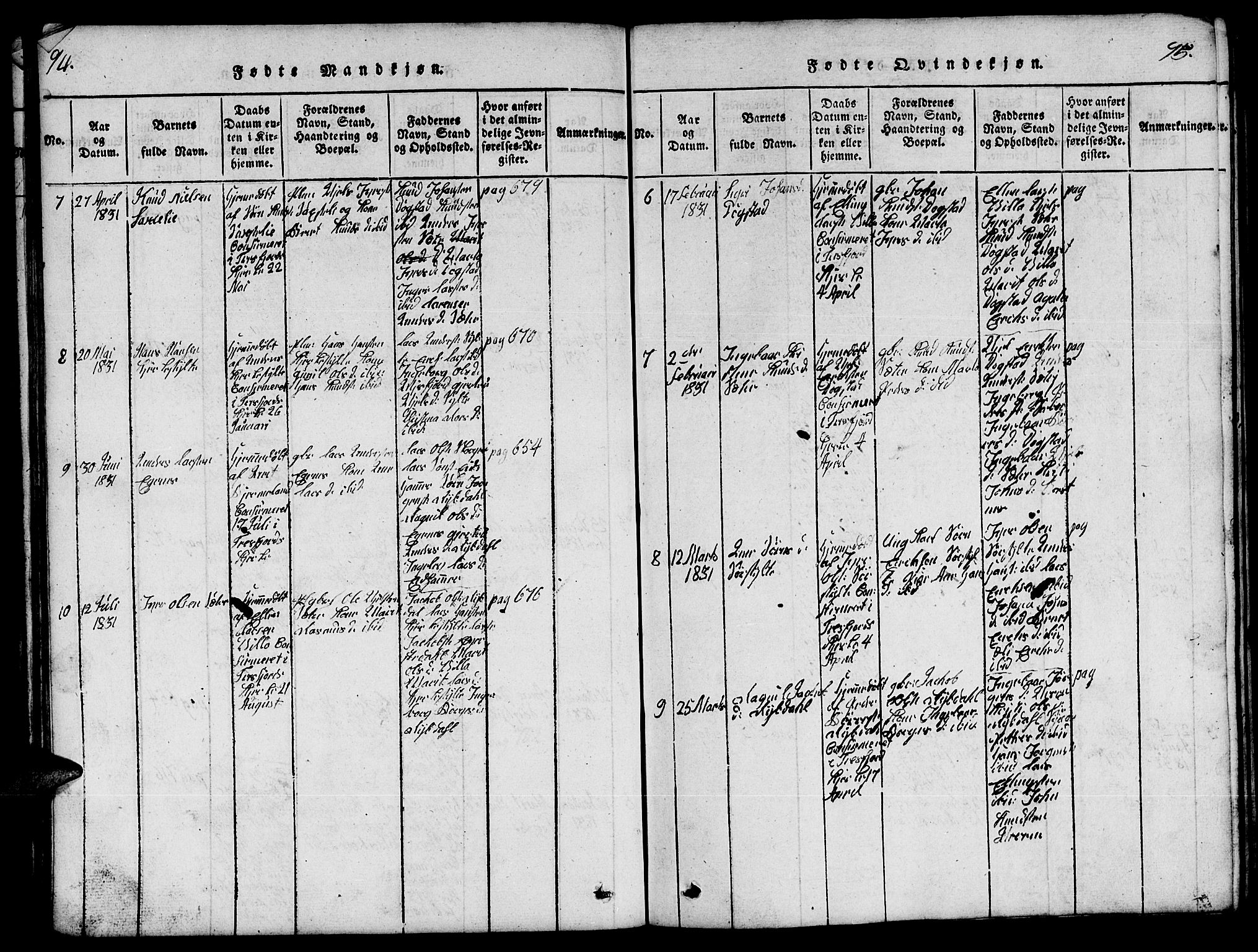 Ministerialprotokoller, klokkerbøker og fødselsregistre - Møre og Romsdal, SAT/A-1454/541/L0546: Klokkerbok nr. 541C01, 1818-1856, s. 94-95