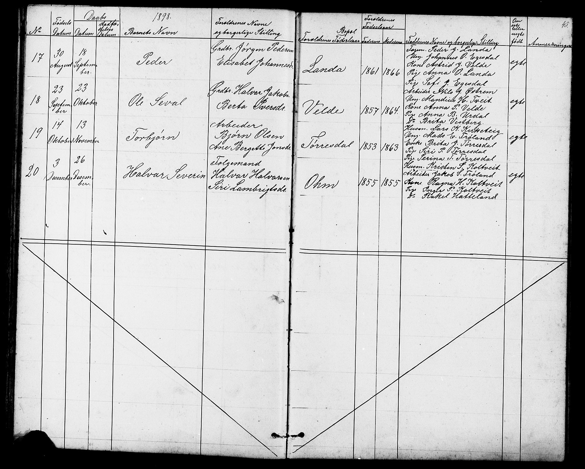 Skjold sokneprestkontor, AV/SAST-A-101847/H/Ha/Hab/L0006: Klokkerbok nr. B 6, 1881-1913, s. 45