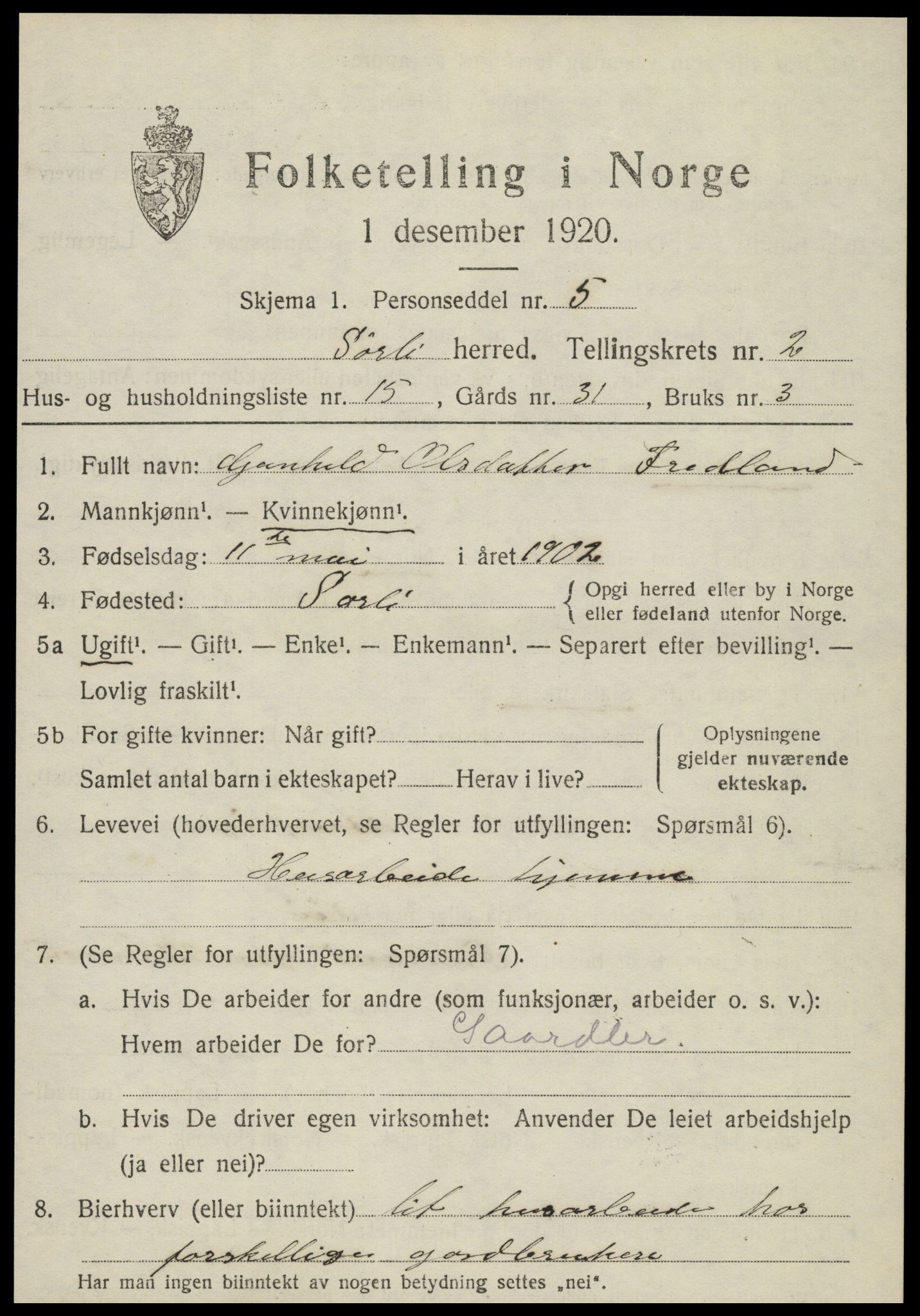 SAT, Folketelling 1920 for 1737 Sørli herred, 1920, s. 1033