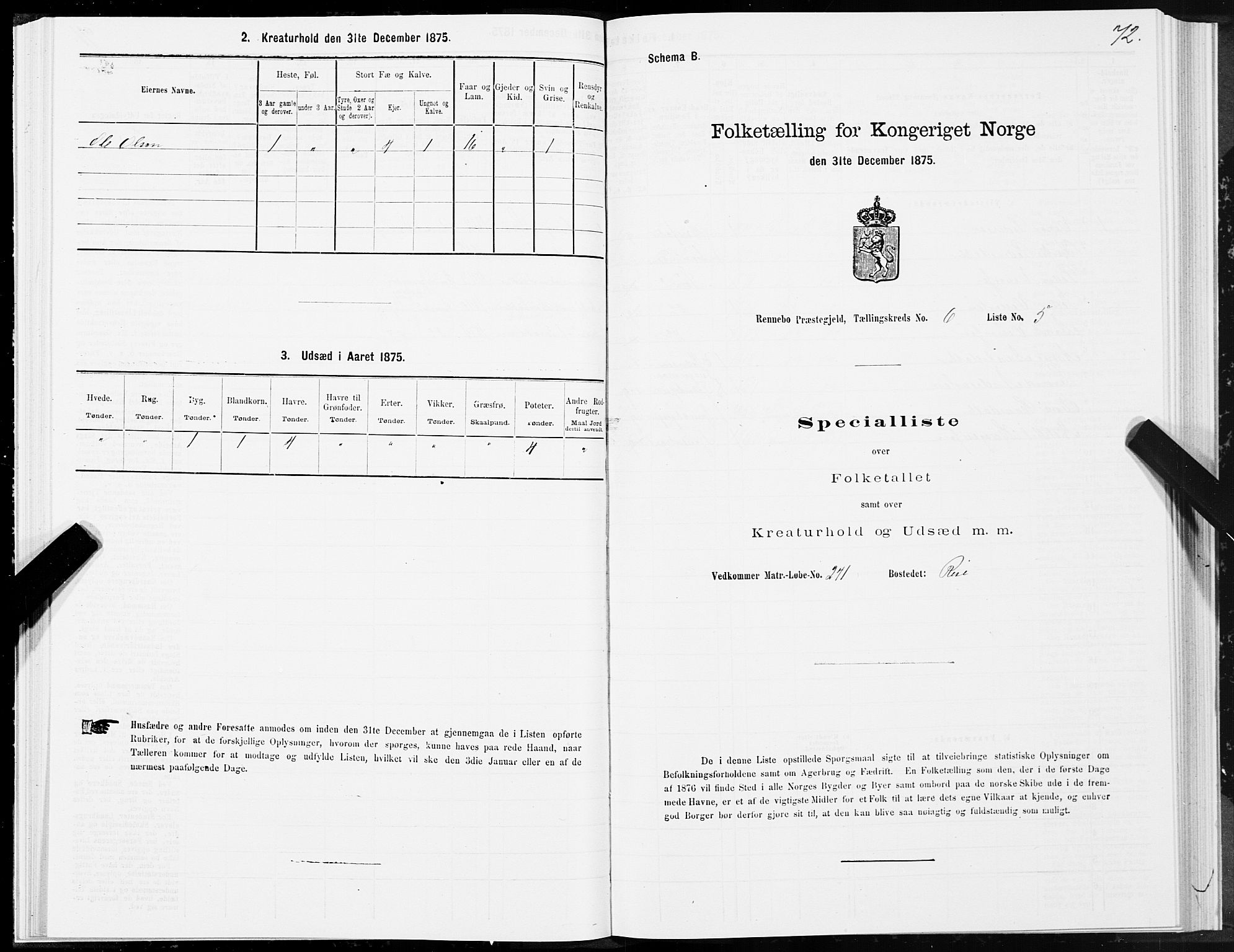 SAT, Folketelling 1875 for 1635P Rennebu prestegjeld, 1875, s. 3072