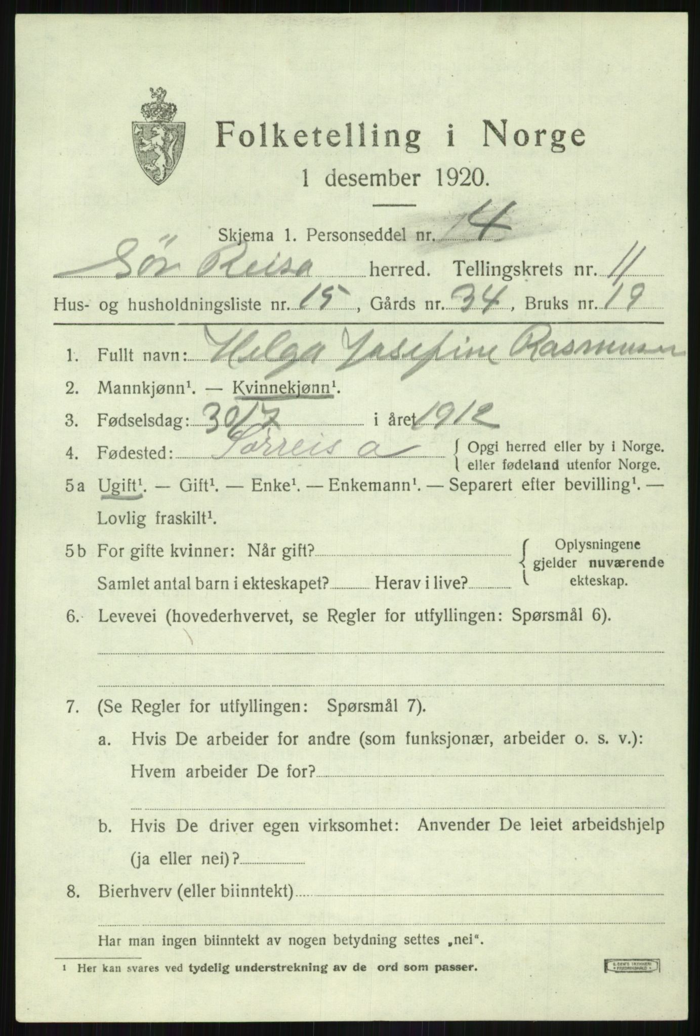 SATØ, Folketelling 1920 for 1925 Sørreisa herred, 1920, s. 4957