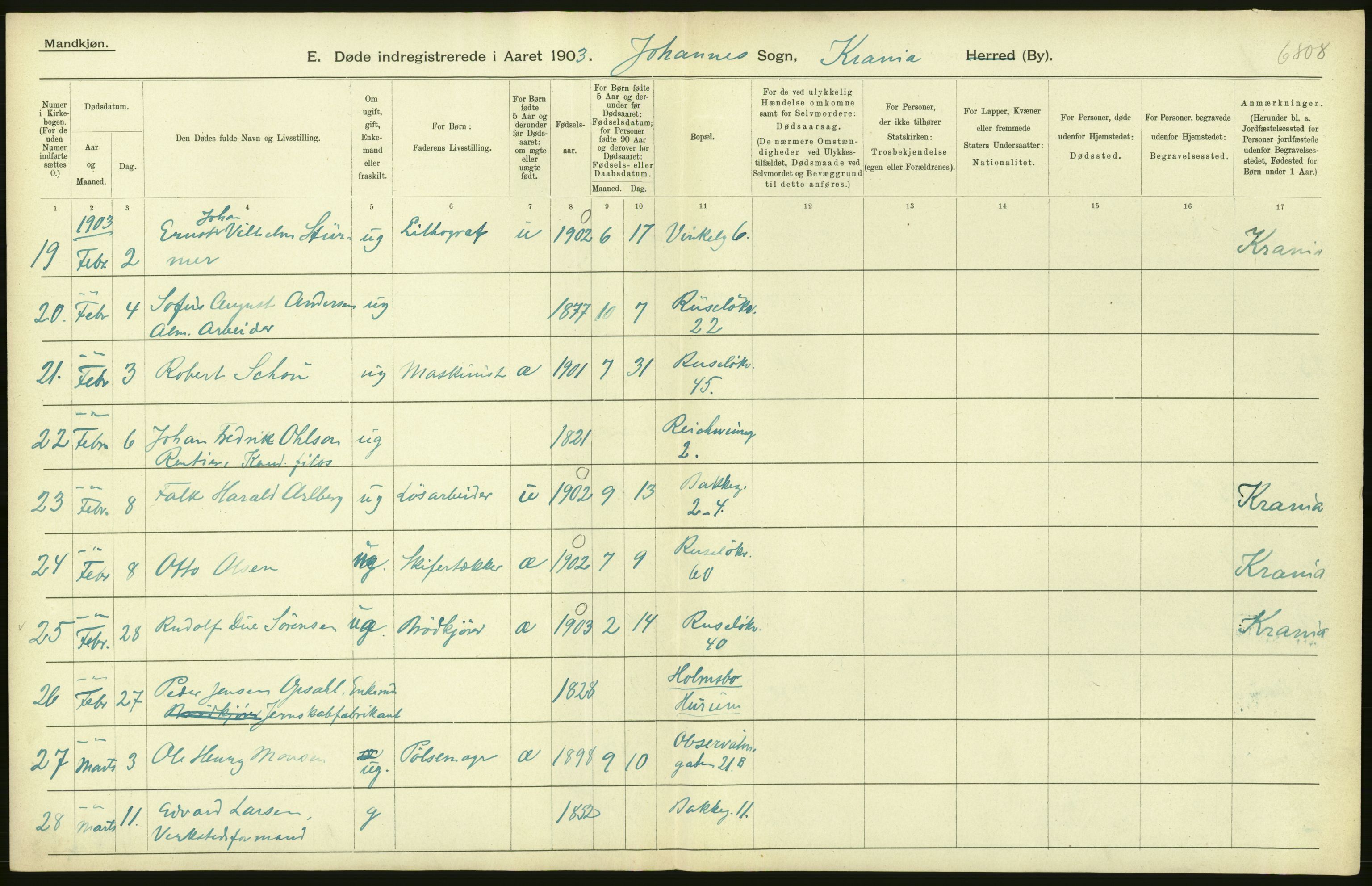 Statistisk sentralbyrå, Sosiodemografiske emner, Befolkning, AV/RA-S-2228/D/Df/Dfa/Dfaa/L0004: Kristiania: Gifte, døde, 1903, s. 176